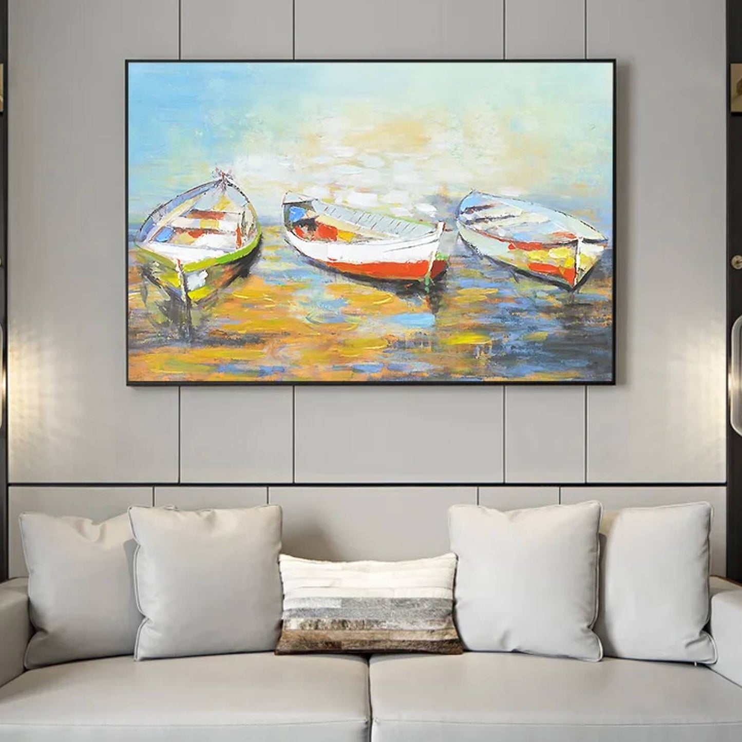 Blue Lake Fishing Boats Textured Canvas Painting