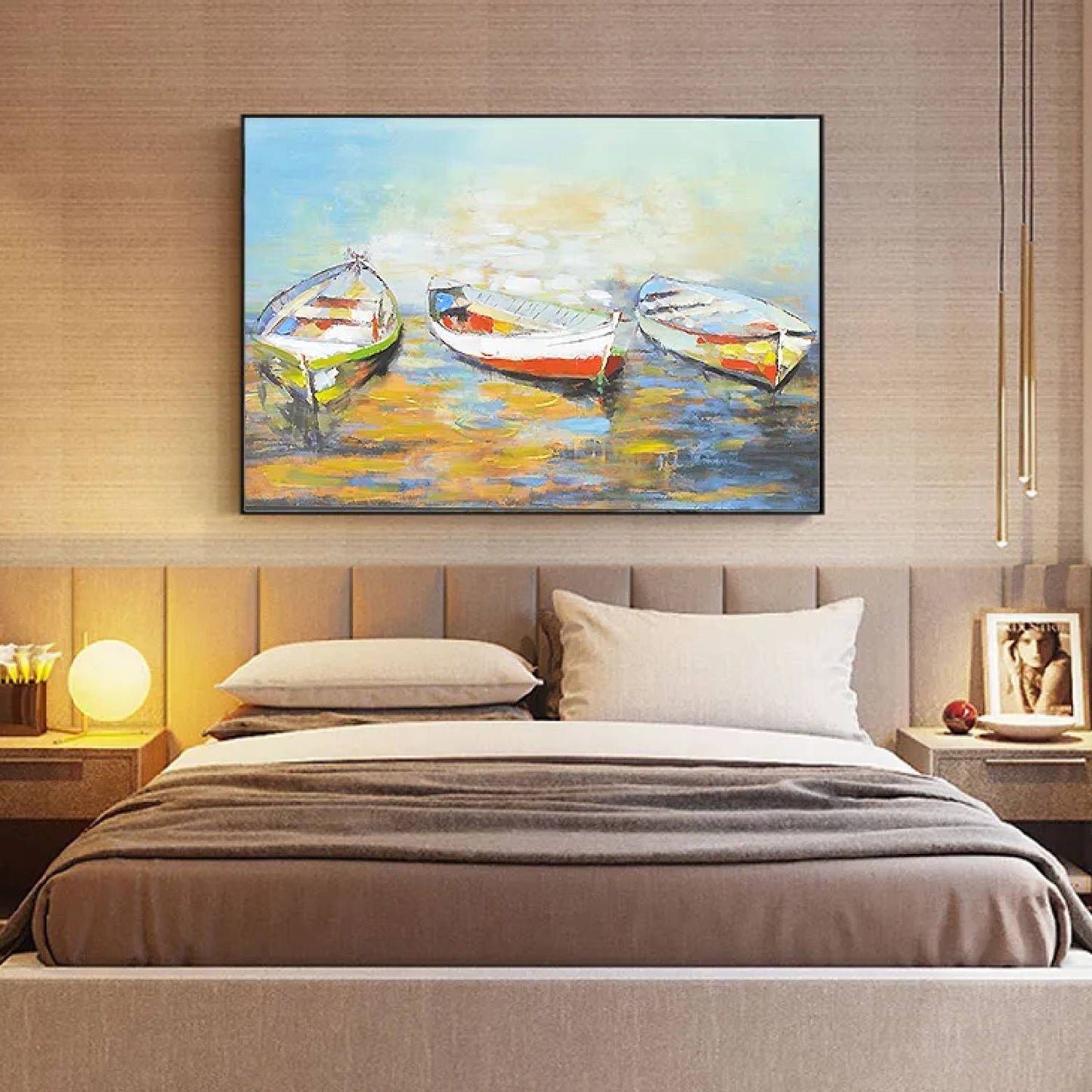 Blue Lake Fishing Boats Textured Canvas Painting
