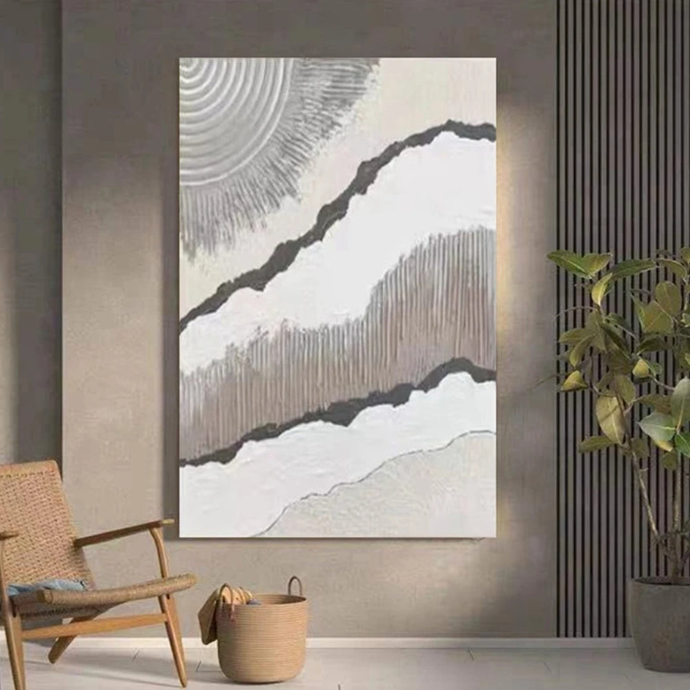Brown & Grey Rays Patterned Abstract Living Room Painting