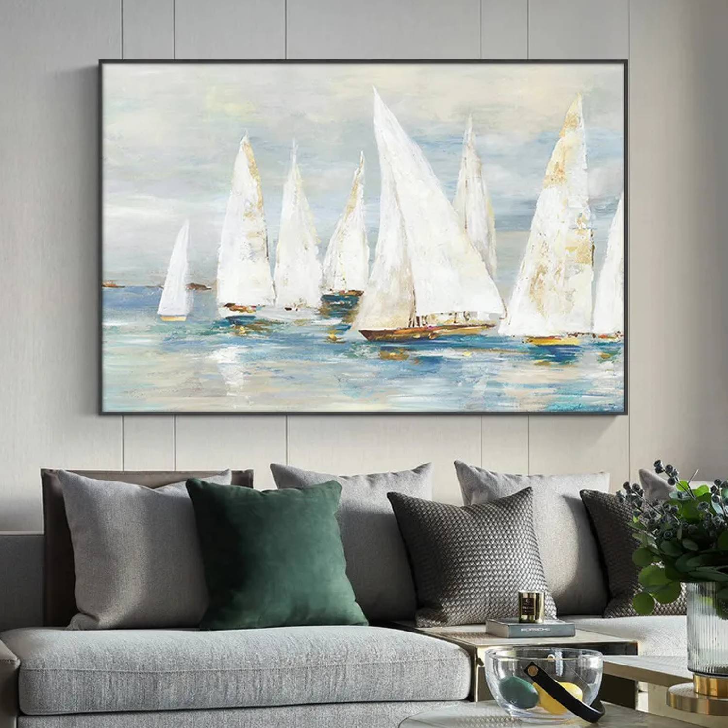 Elegant White Sea Boats Skyline Modern Painting