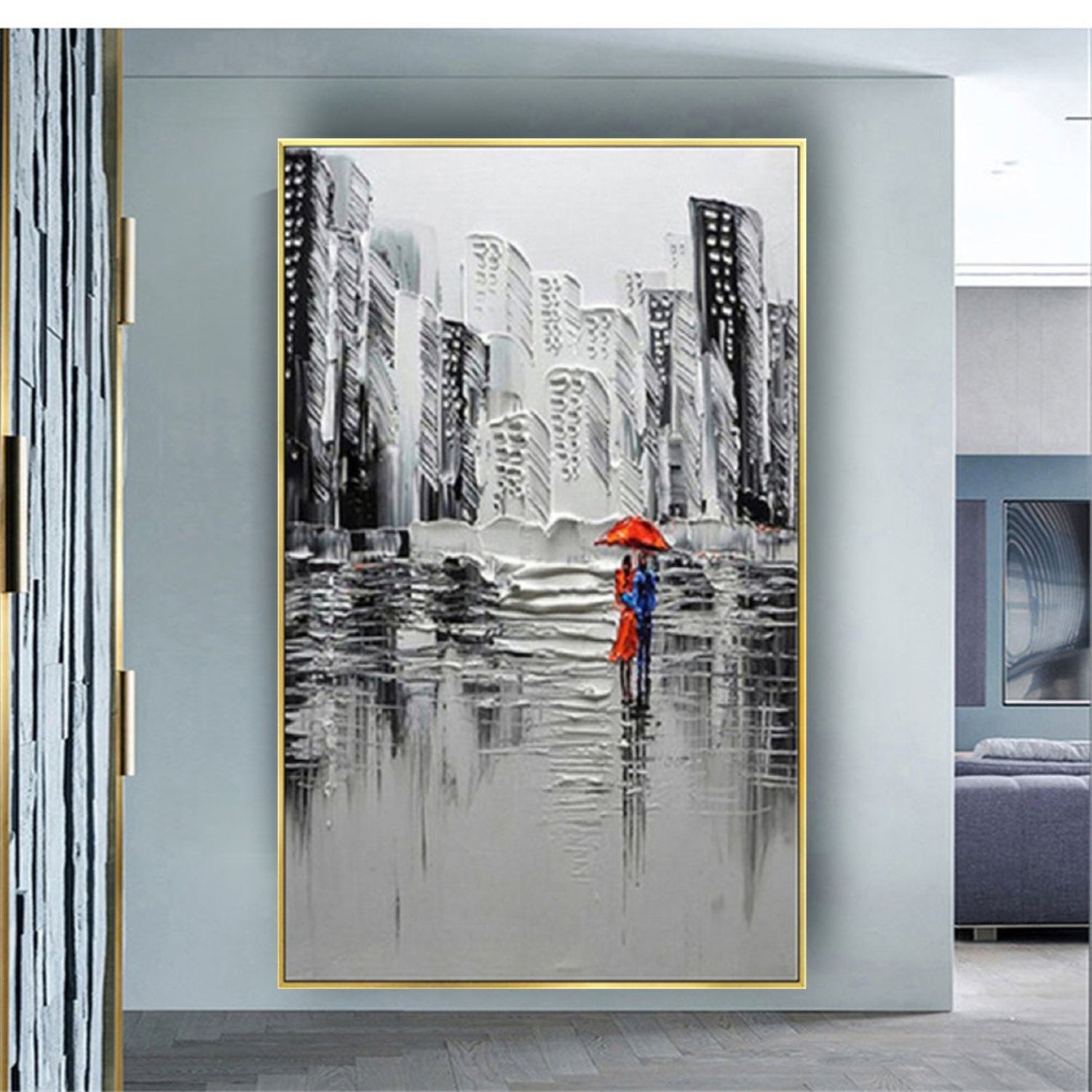 Elegant Couple Captivating Cityscape Oil Painting