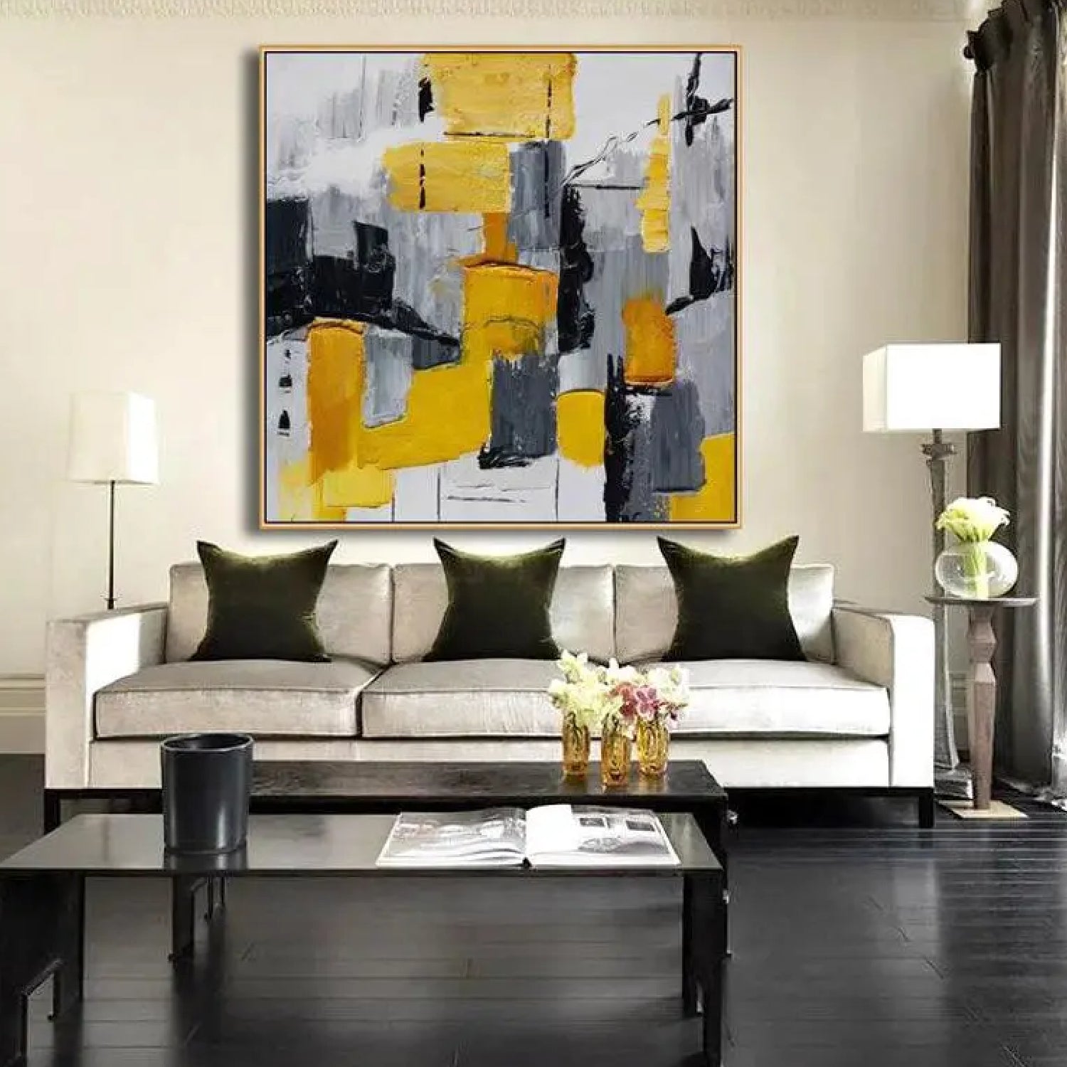 Fashionable Yellow Grey Palette Knife Textured Art