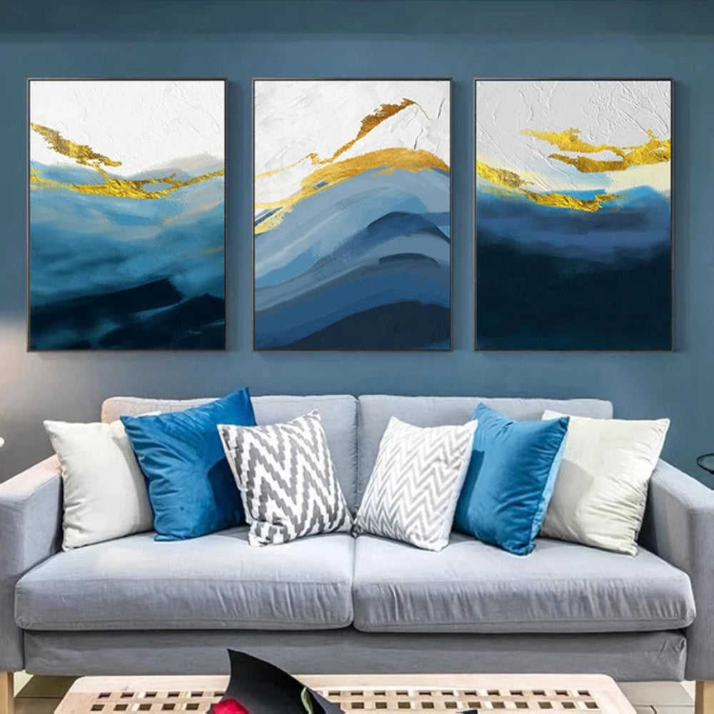 Gold Blue Waves Abstract Set of 3 Wall Decor Painting