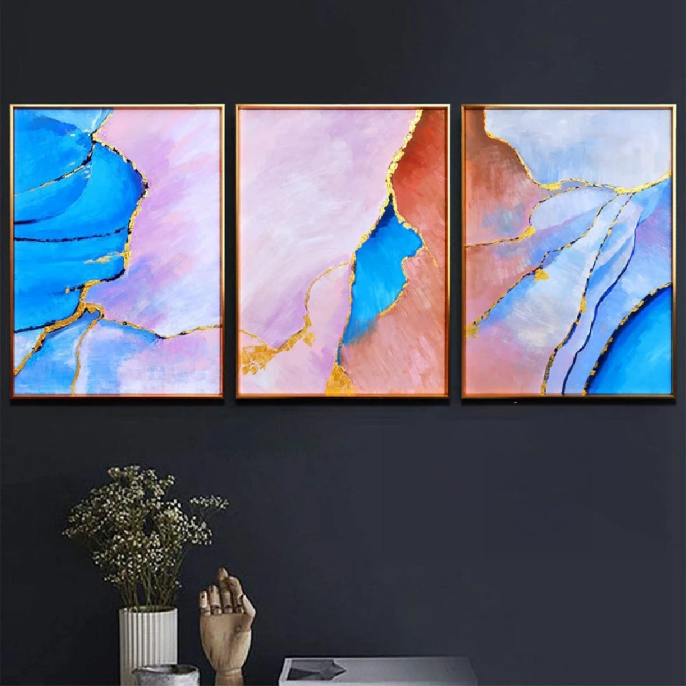 Gold Foil Dividing Multicolours Set of 3 Abstract Oil Painting