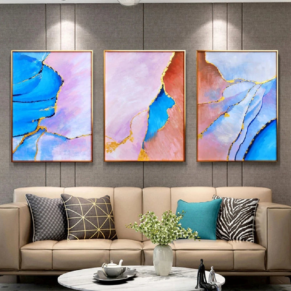 Gold Foil Dividing Multicolours Set of 3 Abstract Oil Painting
