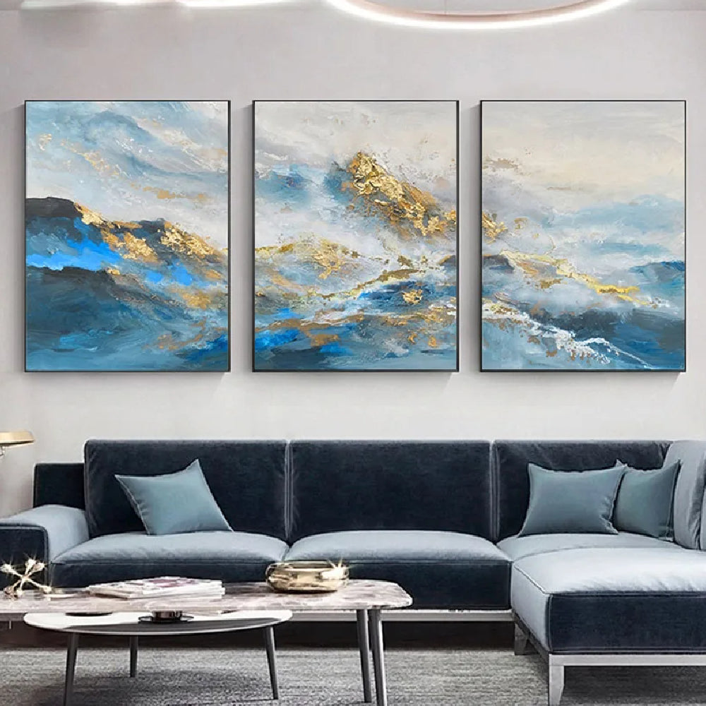 Golden Blue Mountains Set of 3 Wall Hanging Textured Art