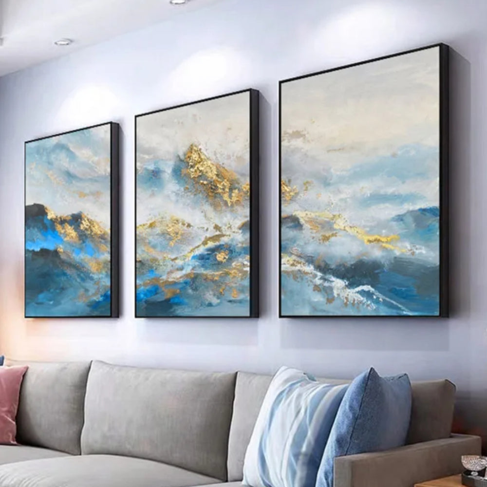 Golden Blue Mountains Set of 3 Wall Hanging Textured Art