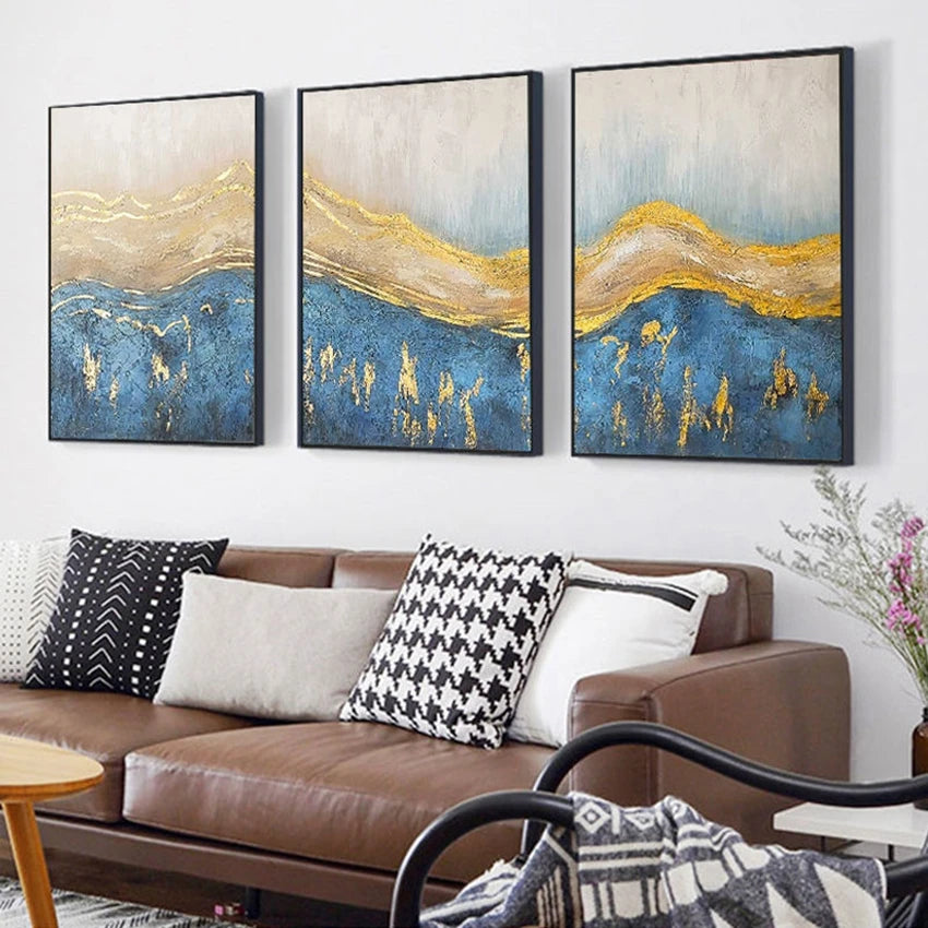Golden Blue Waves Abstract Set of 3 Wall Decor Painting
