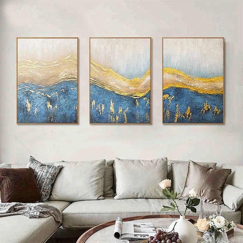 Golden Blue Waves Abstract Set of 3 Wall Decor Painting