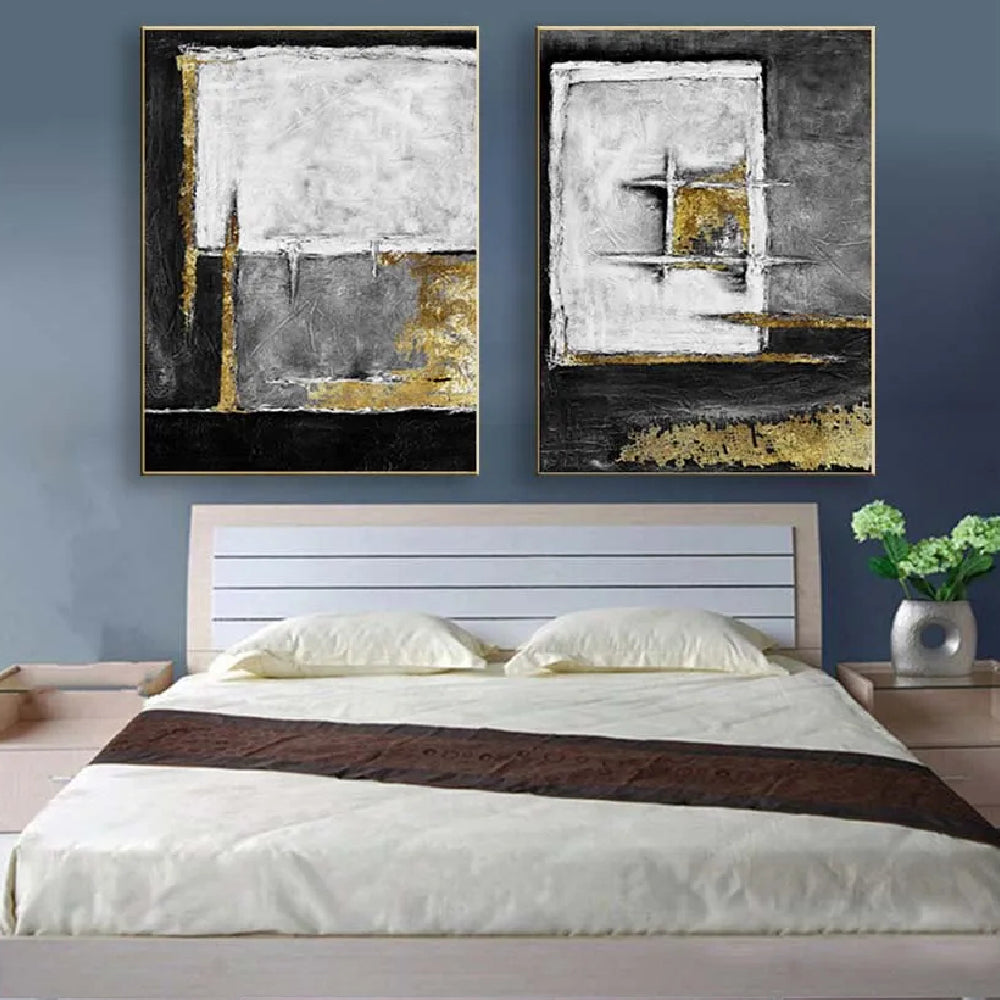 Golden White Set of 2 Handmade Abstract Wall Painting