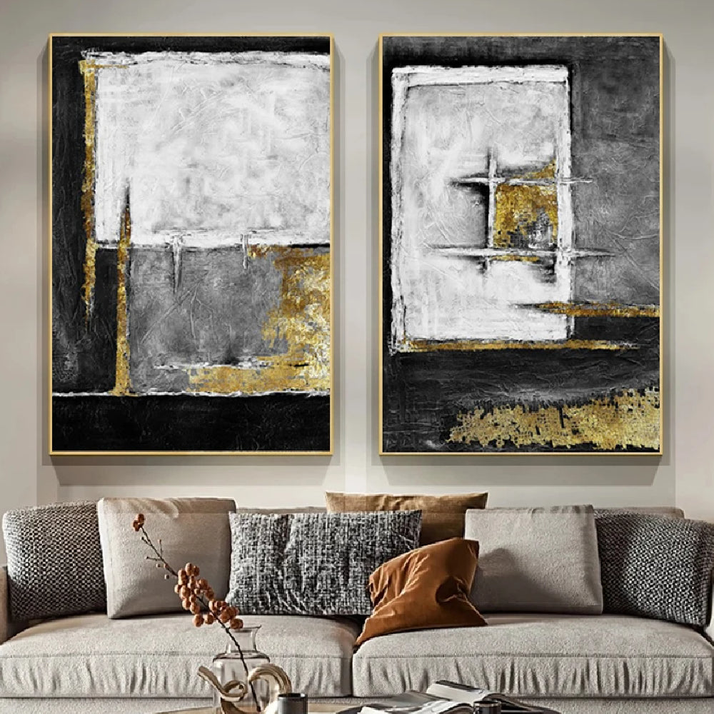 Golden White Set of 2 Handmade Abstract Wall Painting