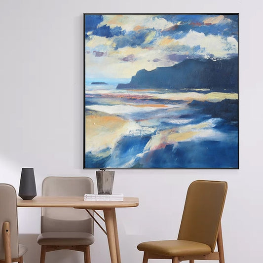 Pittura astratta acrilica blu delle montagne del mare 