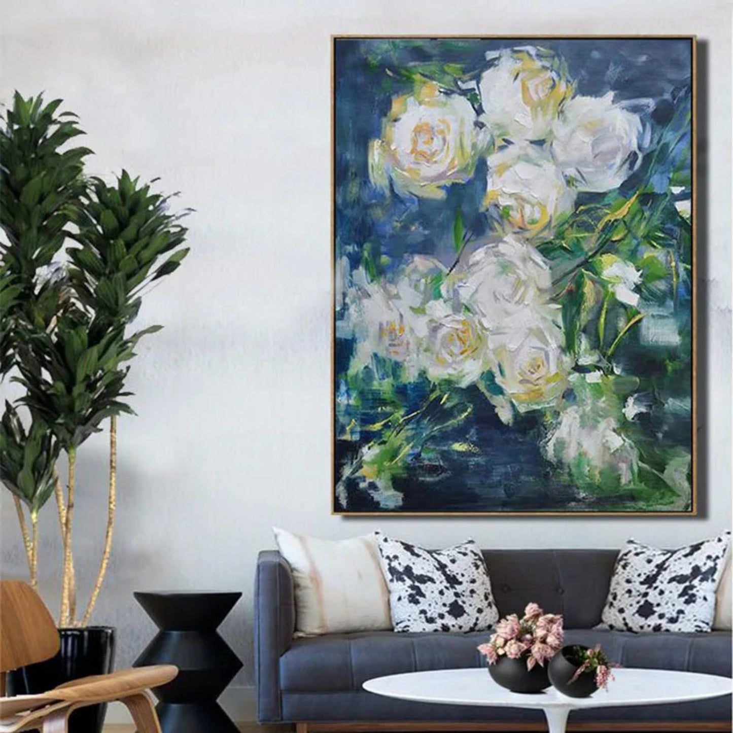 Blooming White Roses Textured Floral Painting