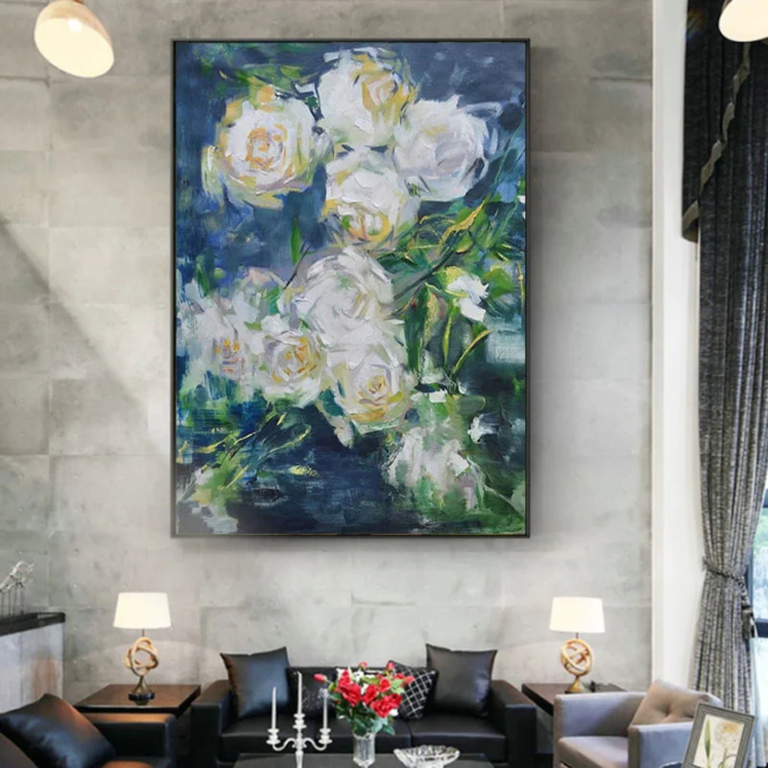 Blooming White Roses Textured Floral Painting