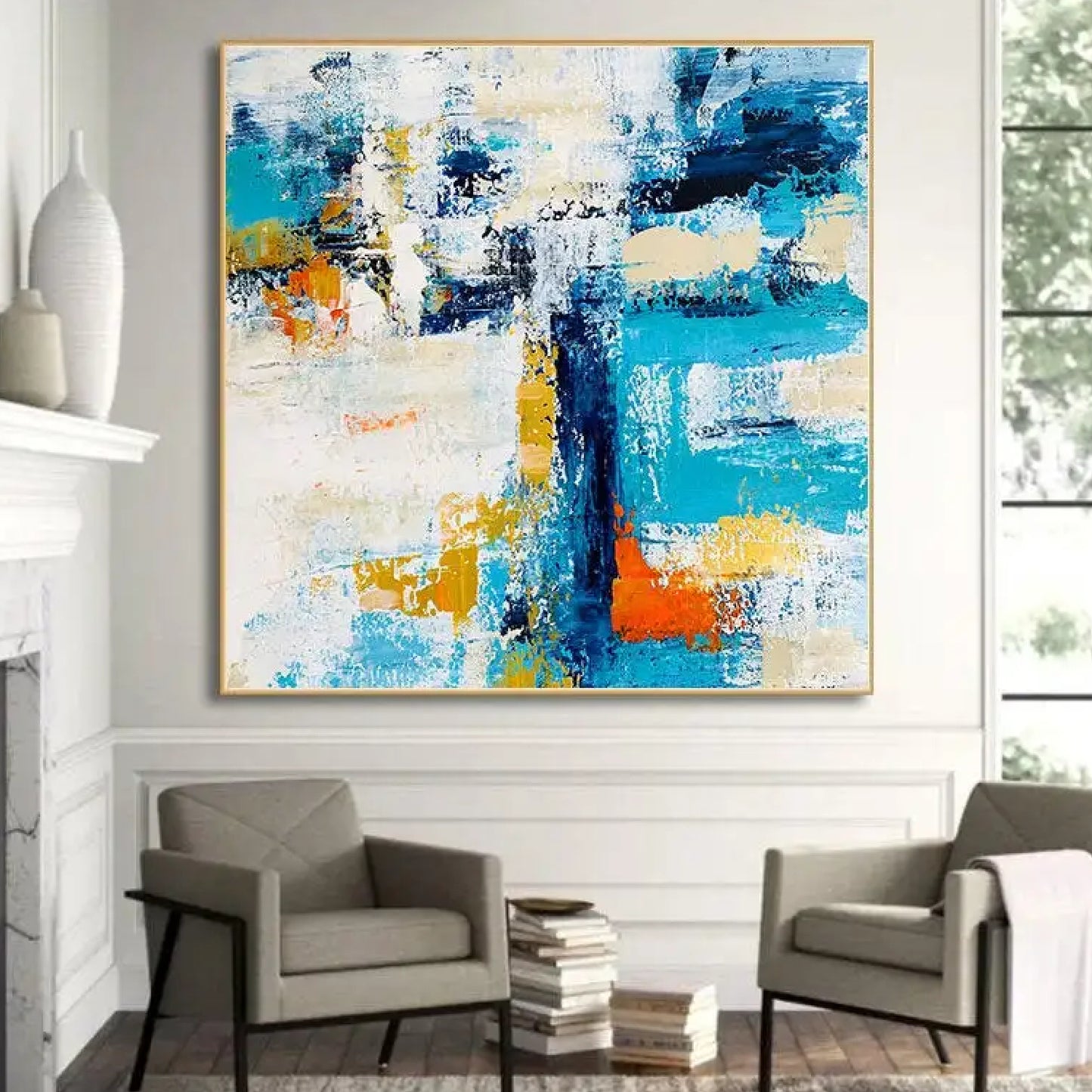 Large Abstract Blue White Modern Textured Painting