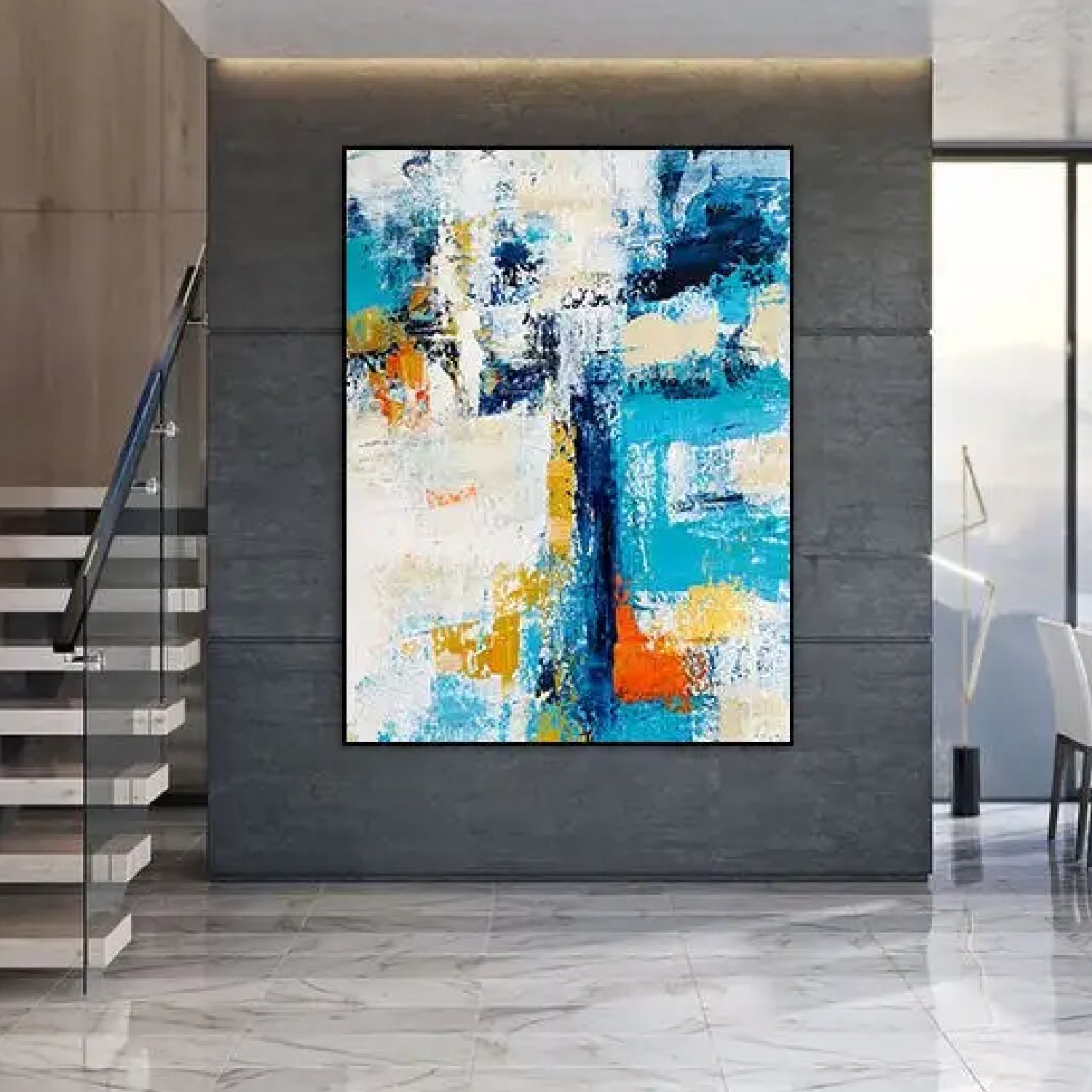 Large Abstract Blue White Modern Textured Painting