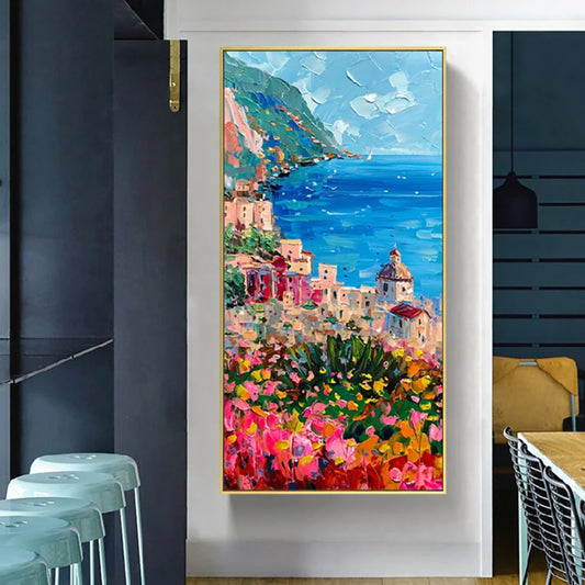 Vibrant Textured Coastal Town Seascape Oil Painting