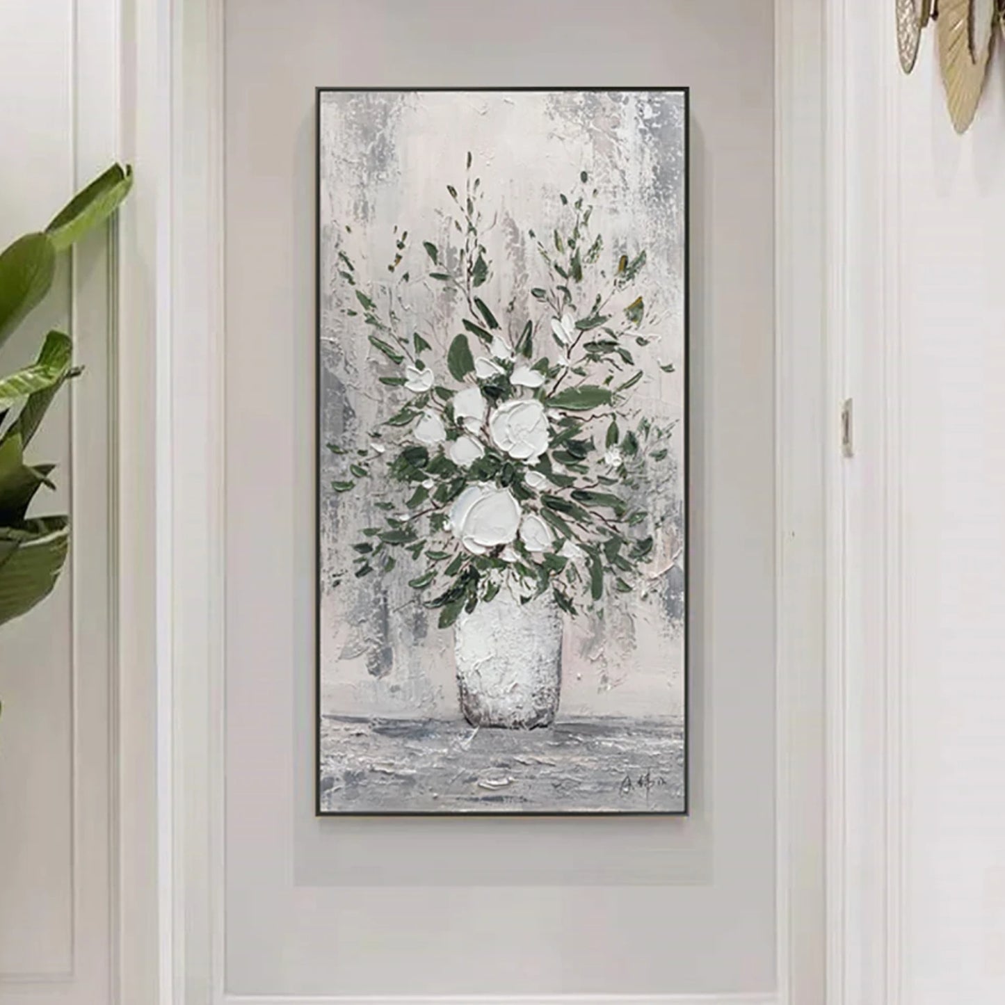 Nordic White Floral Vase Palette Knife Textured Oil Painting