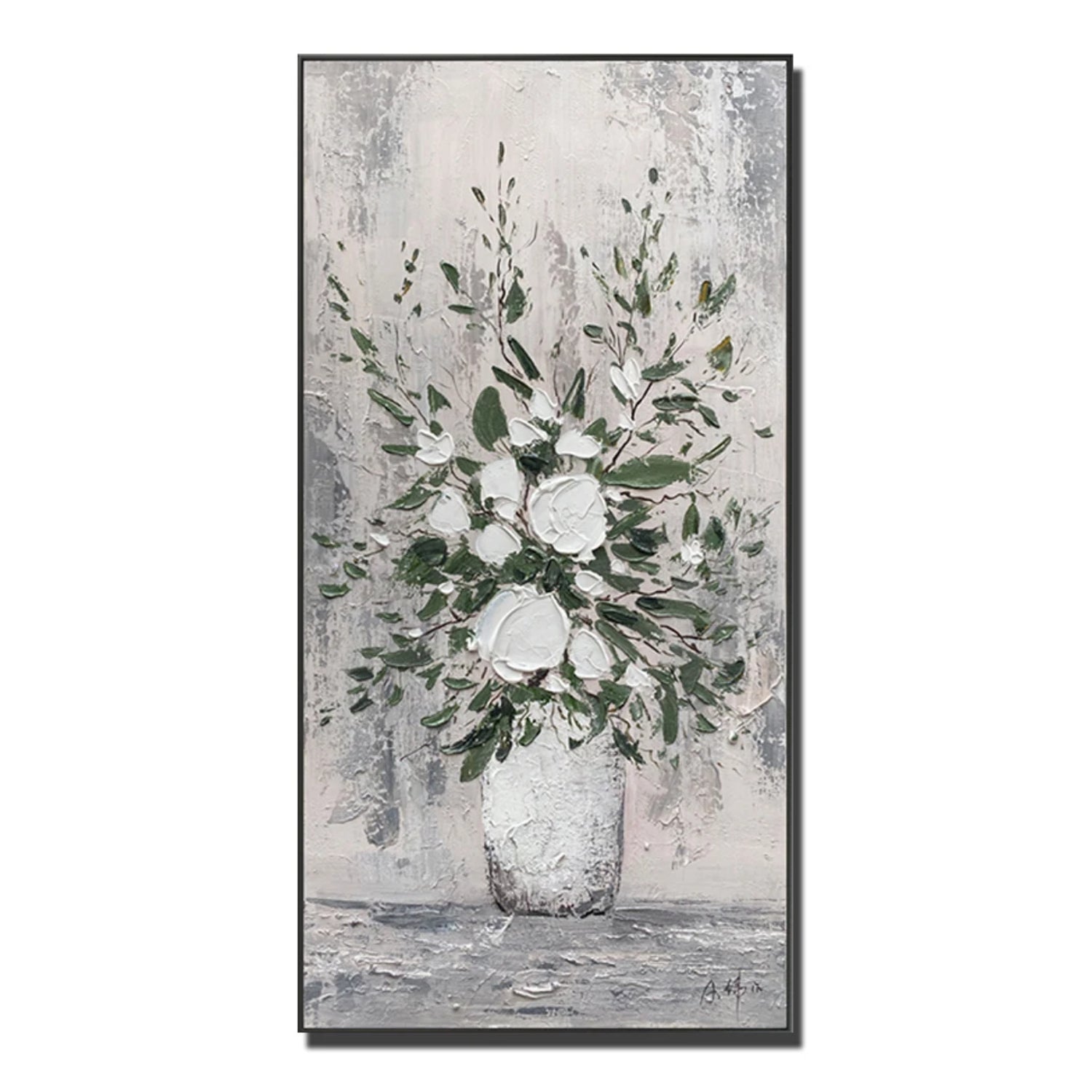 Nordic White Floral Vase Palette Knife Textured Oil Painting