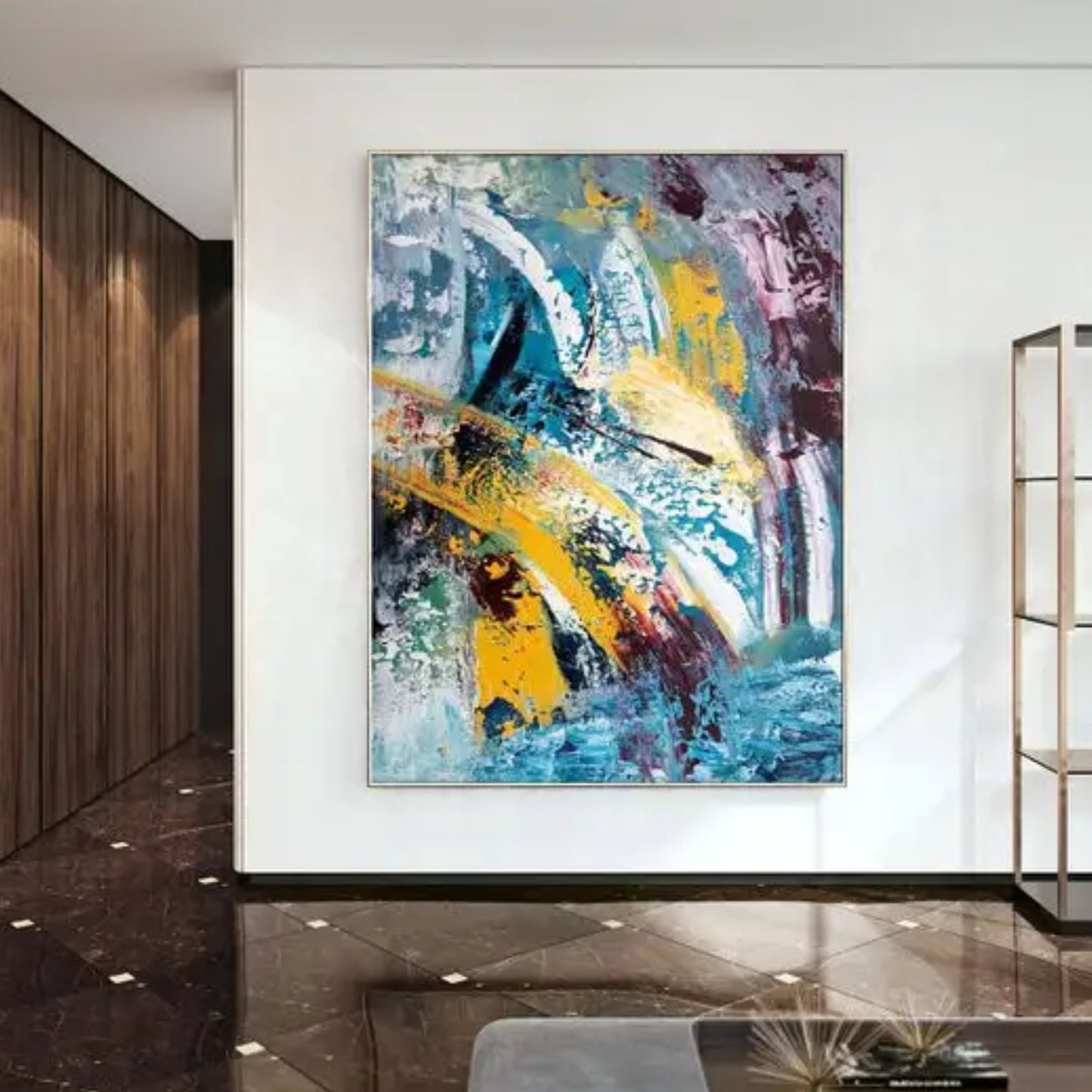 Modern Abstract Blue Yellow Texture Action Panting