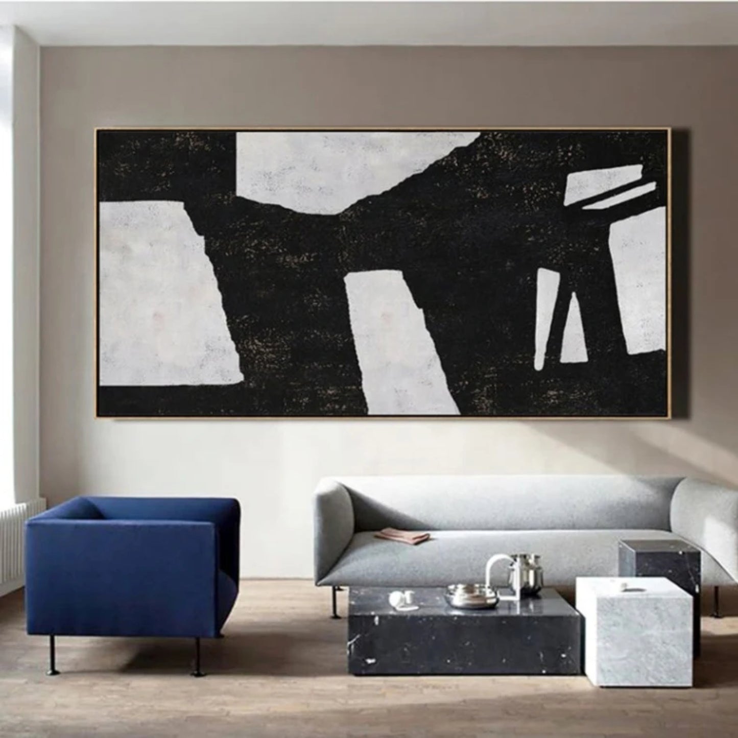 Modern Black White Minimalist Horizontal Painting