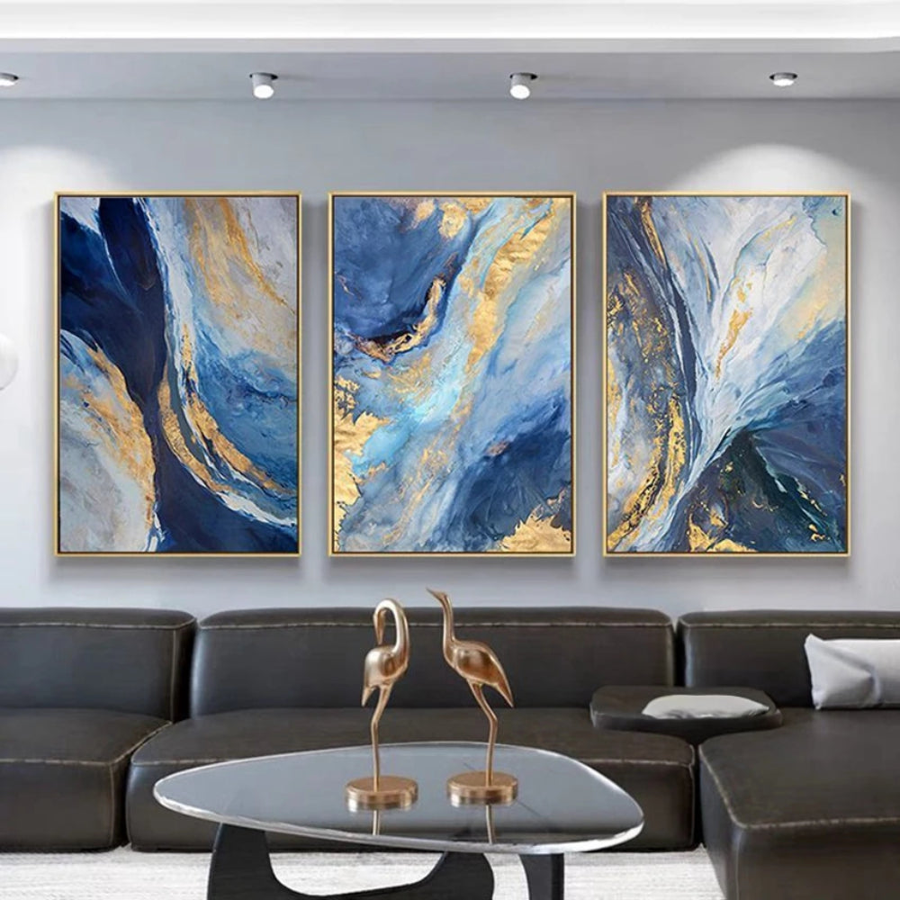 Modern Custom Blue Gold Abstract Set of 3 Hanging Wall Art