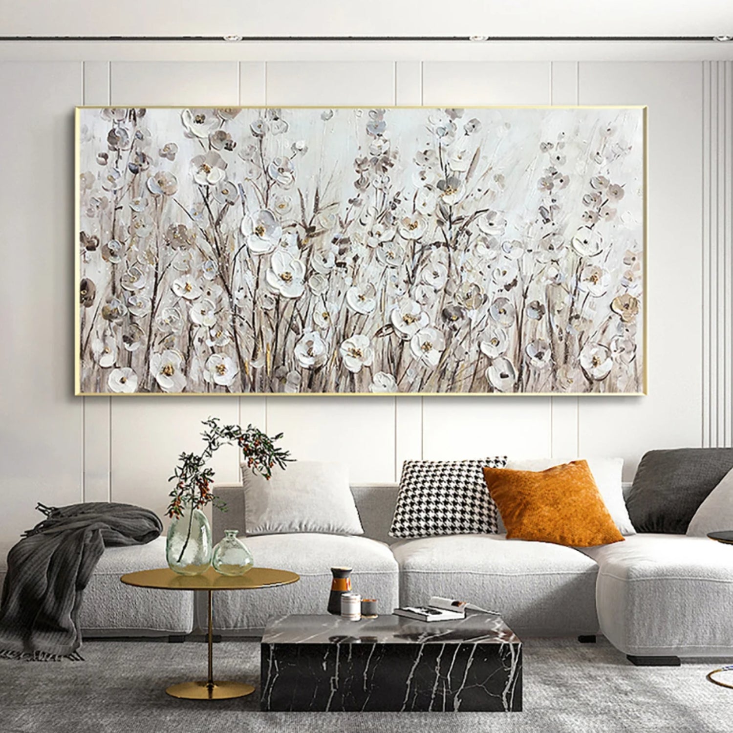 Modern White Spring Flowers Textured Wall Decor Art