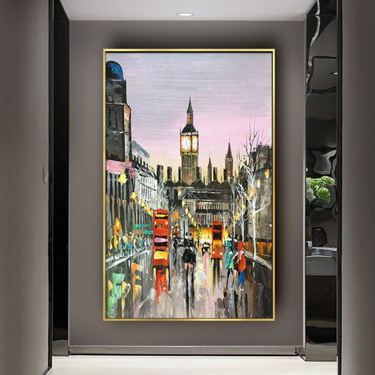 Night Cityscape with Clock Tower Oil Painting