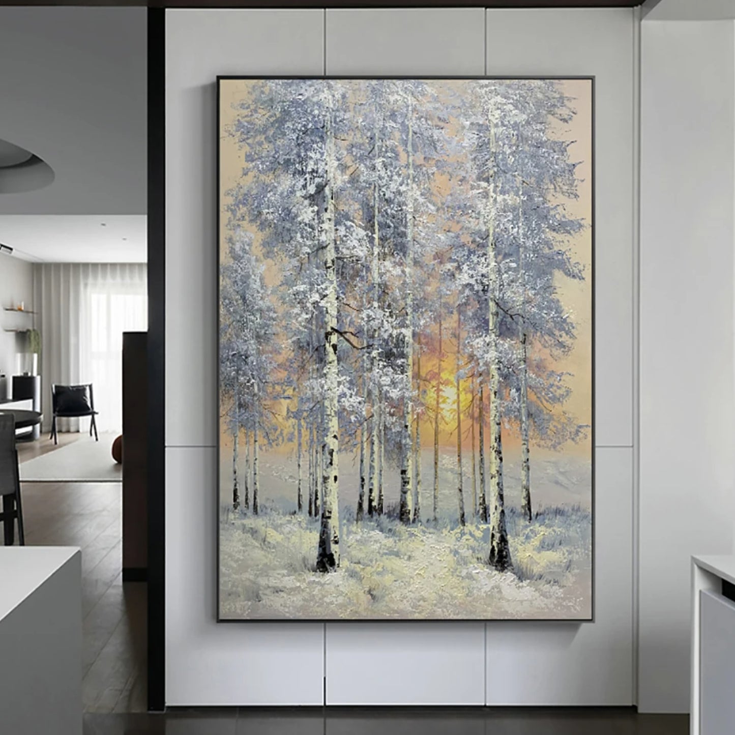 Nordic Snowy Birch Forest Landscape Sunrise Oil Painting