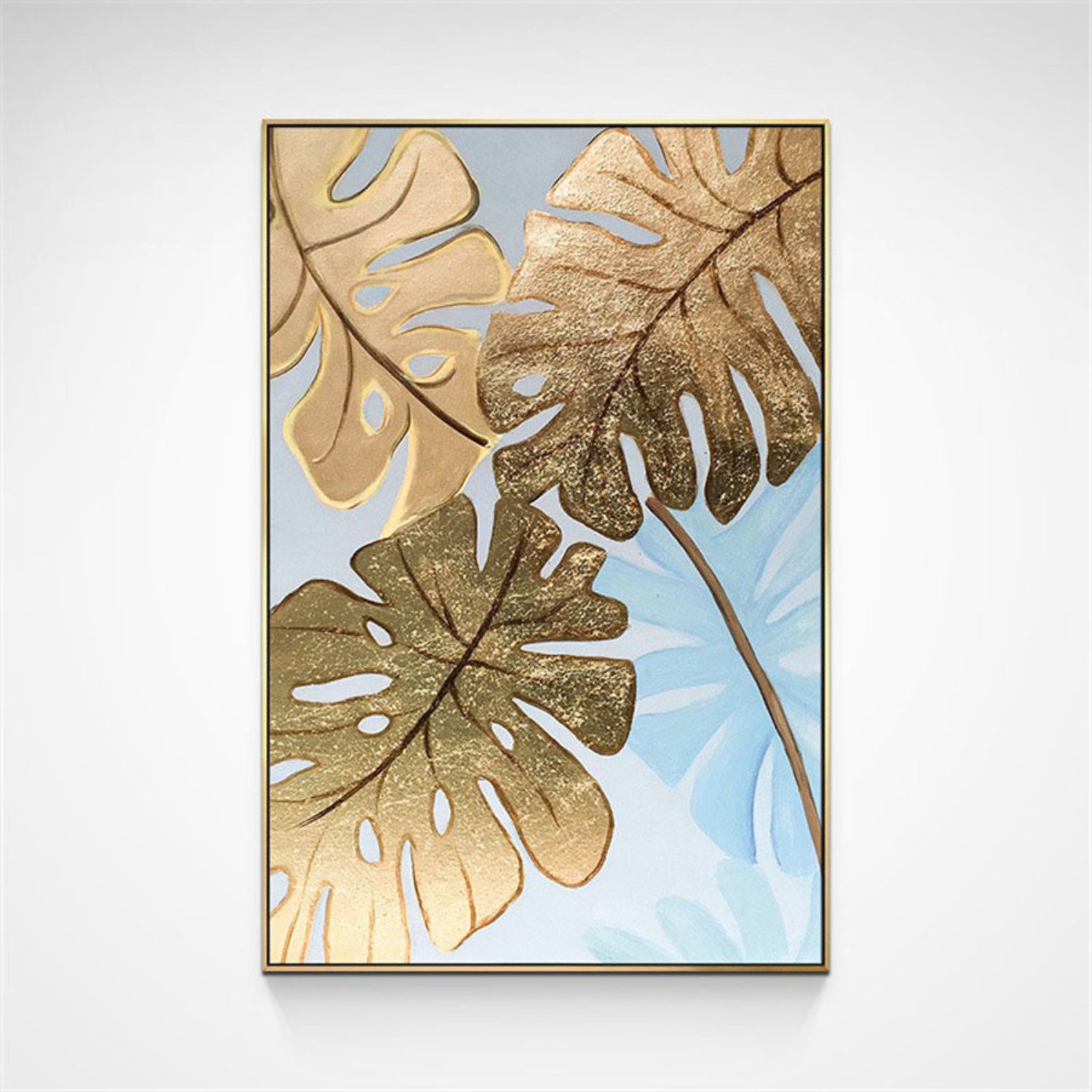 Original Golden Monstera Textured Leaves Painting