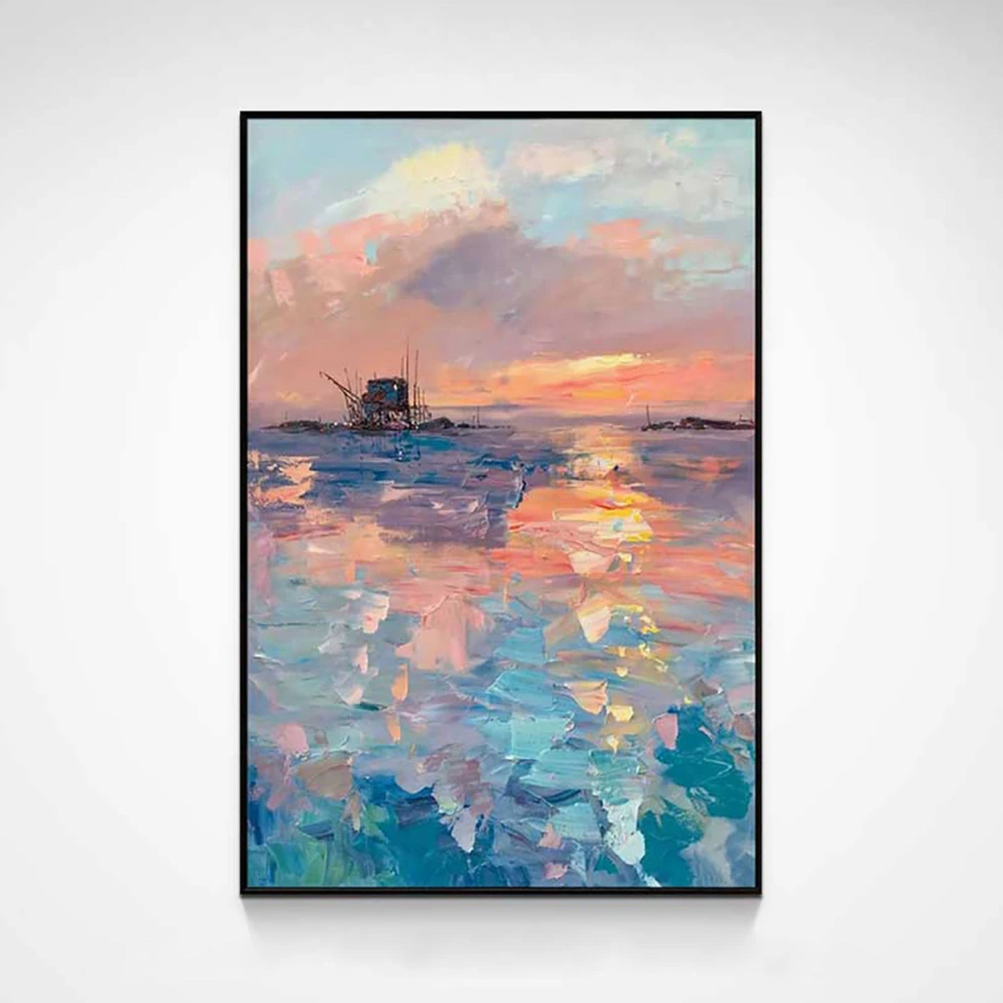 Peaceful Dazzling Sunset Seascape Textured Oil Painting