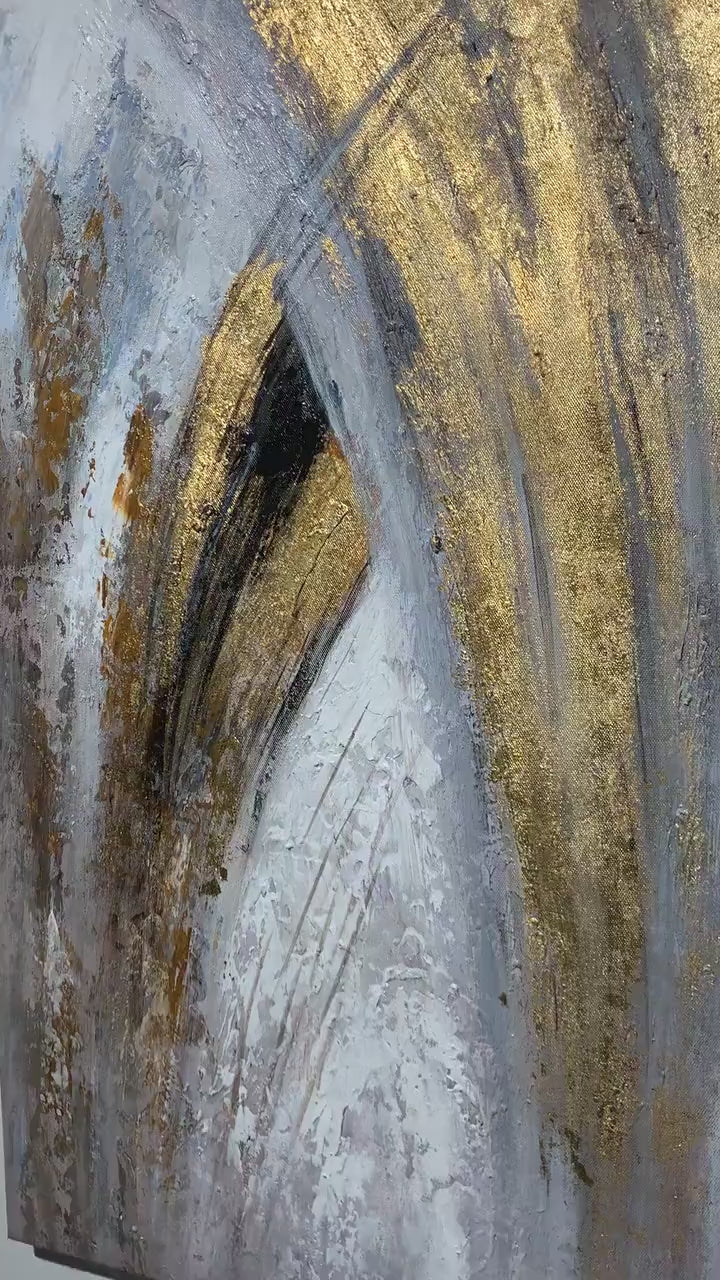 Abstract gold foil on black,  silver and grey paint - Palette Knife Art - Textured Acrylic Painting - Hand made oil painting on canvas