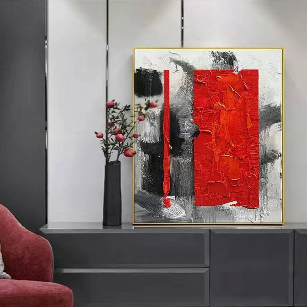 Red Strip on Black Shade Modern Abstract Living Room Painting