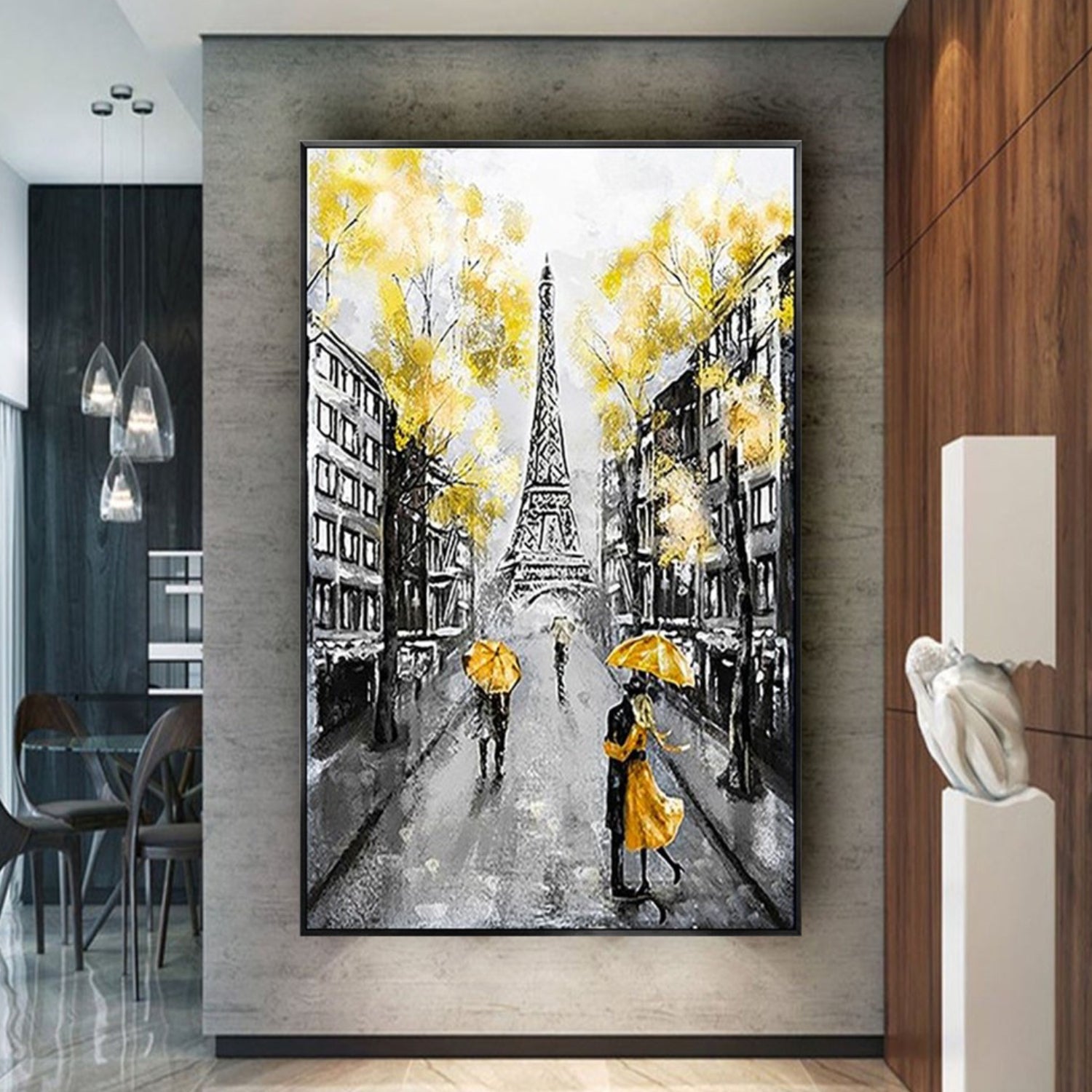 Romantic Couple Holding Umbrella Eiffel Tower Art