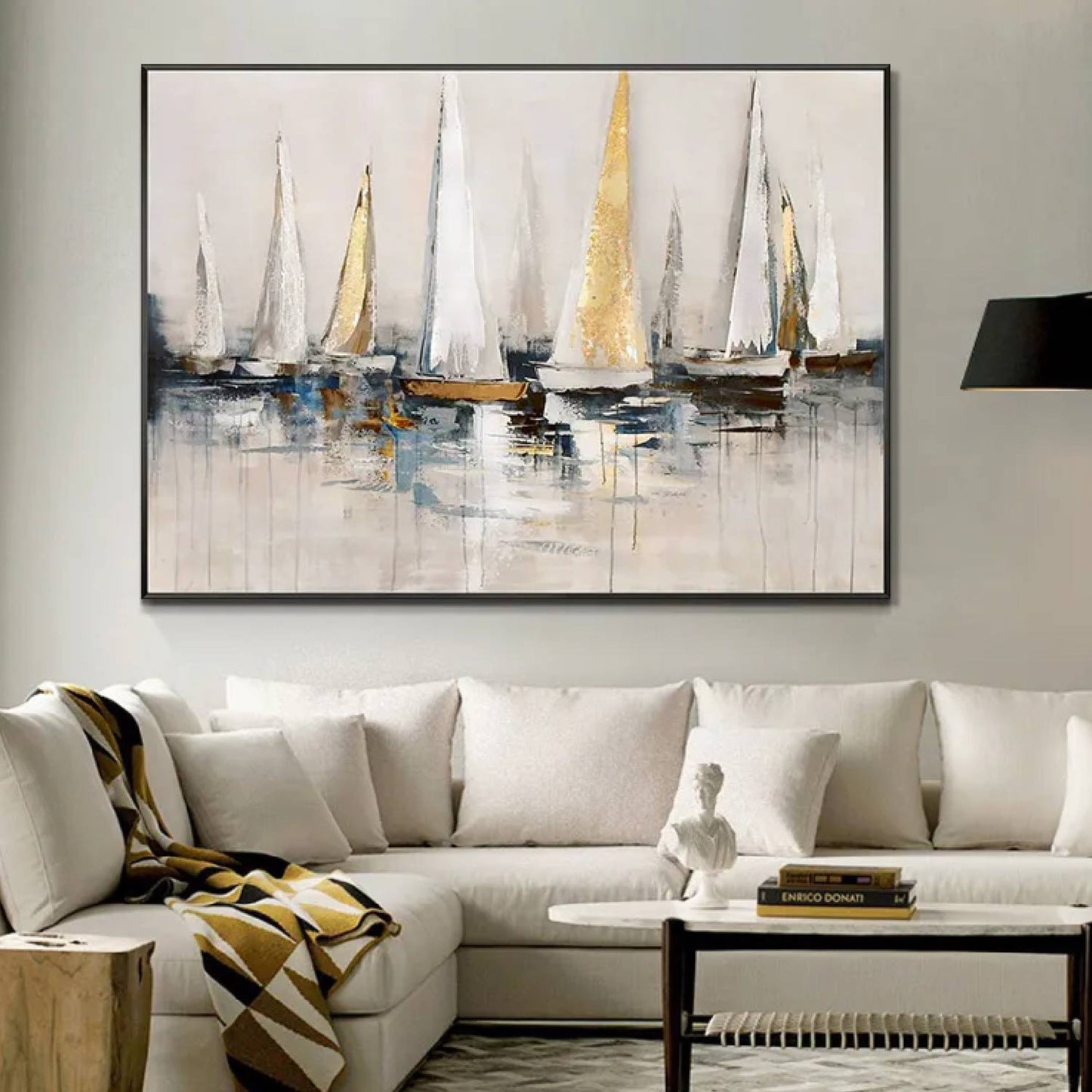 Sea Sailing Boats Drippy Texture Seascape Painting