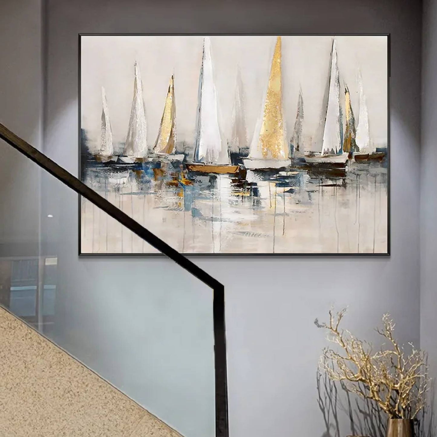 Sea Sailing Boats Drippy Texture Seascape Painting