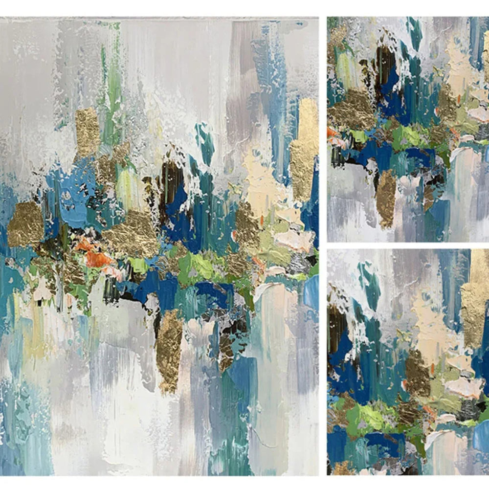 Two Leaf Multicolour Set of 3 Abstract Living Room Oil Painting
