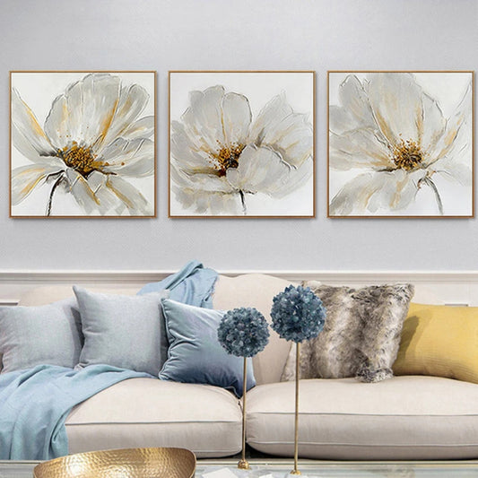 Set di fiori in fiore di colore bianco di 3 dipinti per decorazioni per la casa