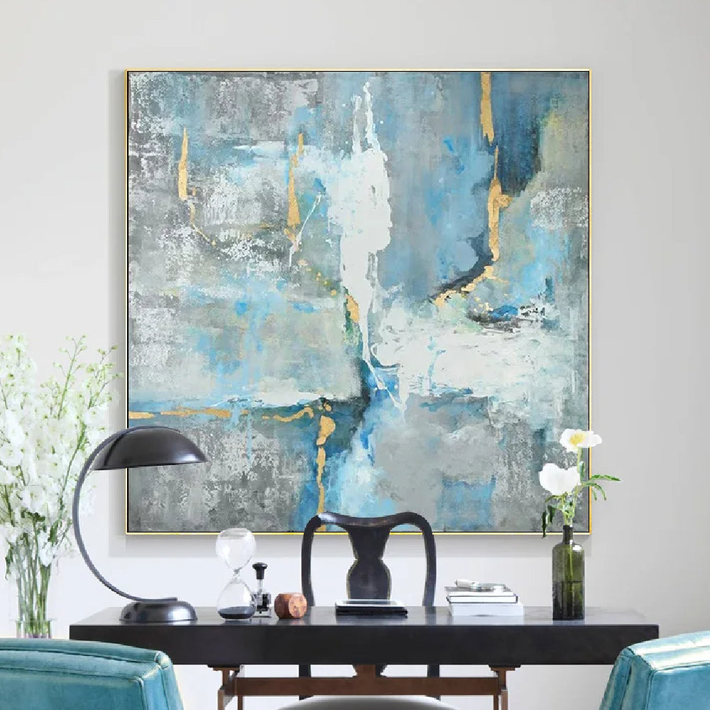 Abstract Blue Gold Foil Textured Wall Hanging Art