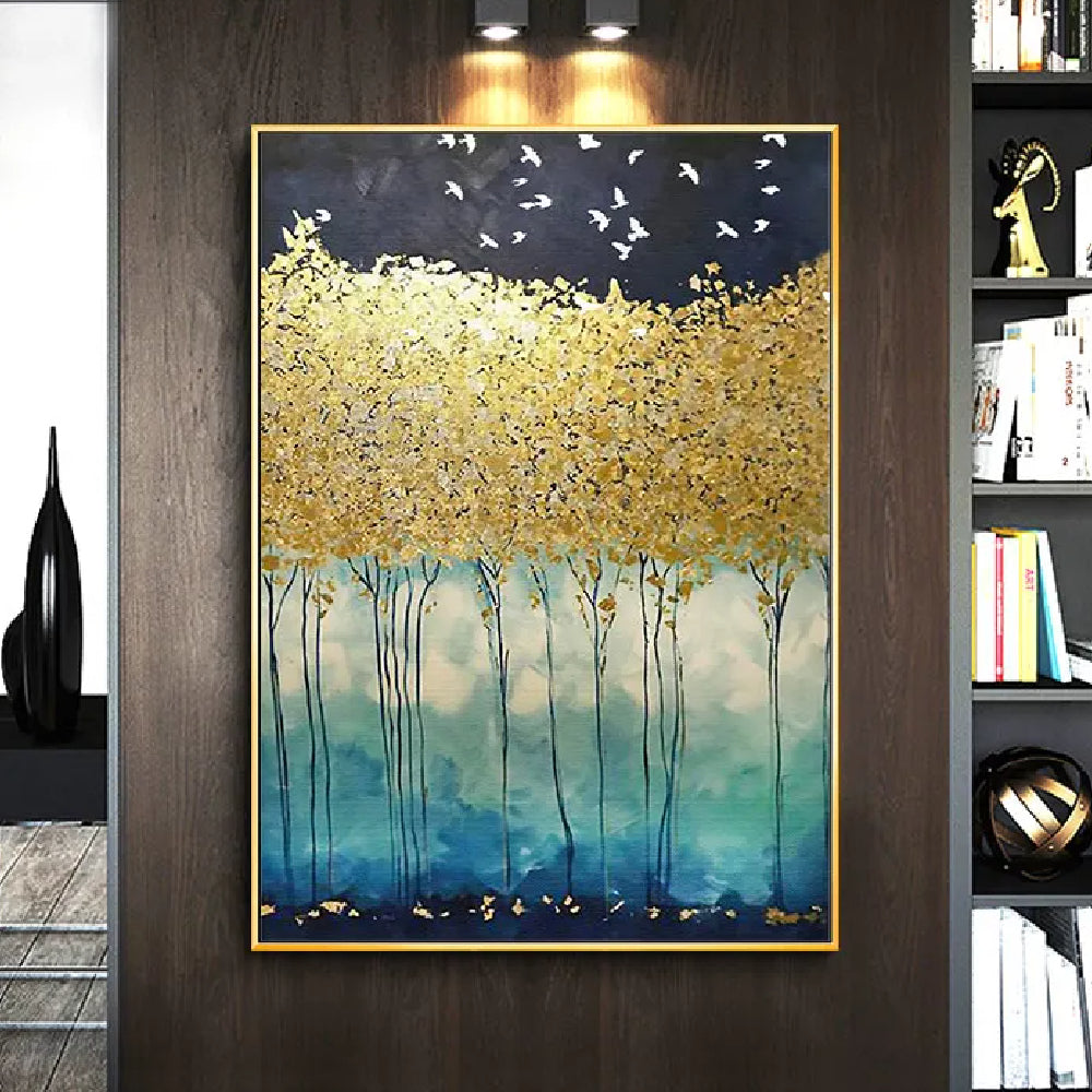 Large Gold Foil Textured Forest Landscape Painting