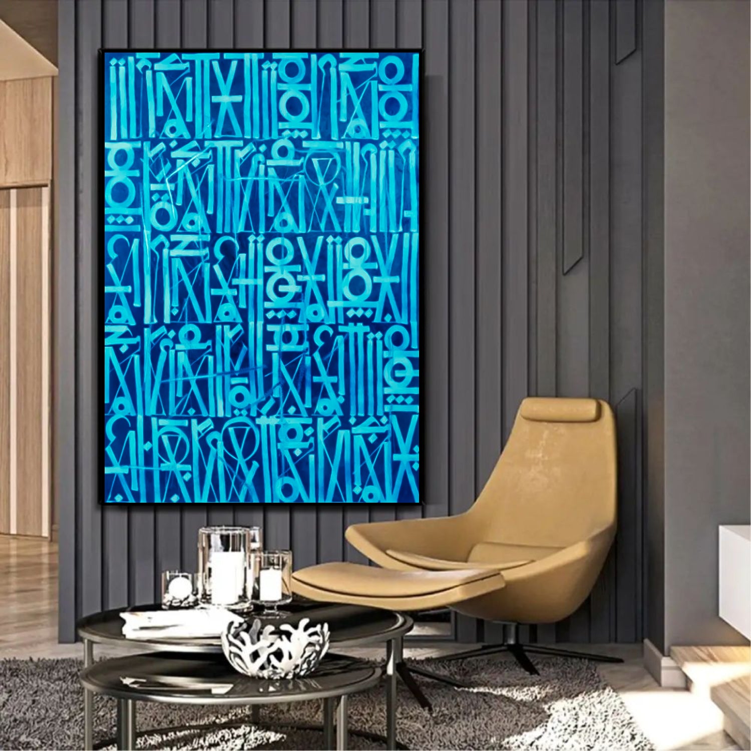 Retna-Inspired Two-Tone Blue Calligraffiti Modern Wall Art