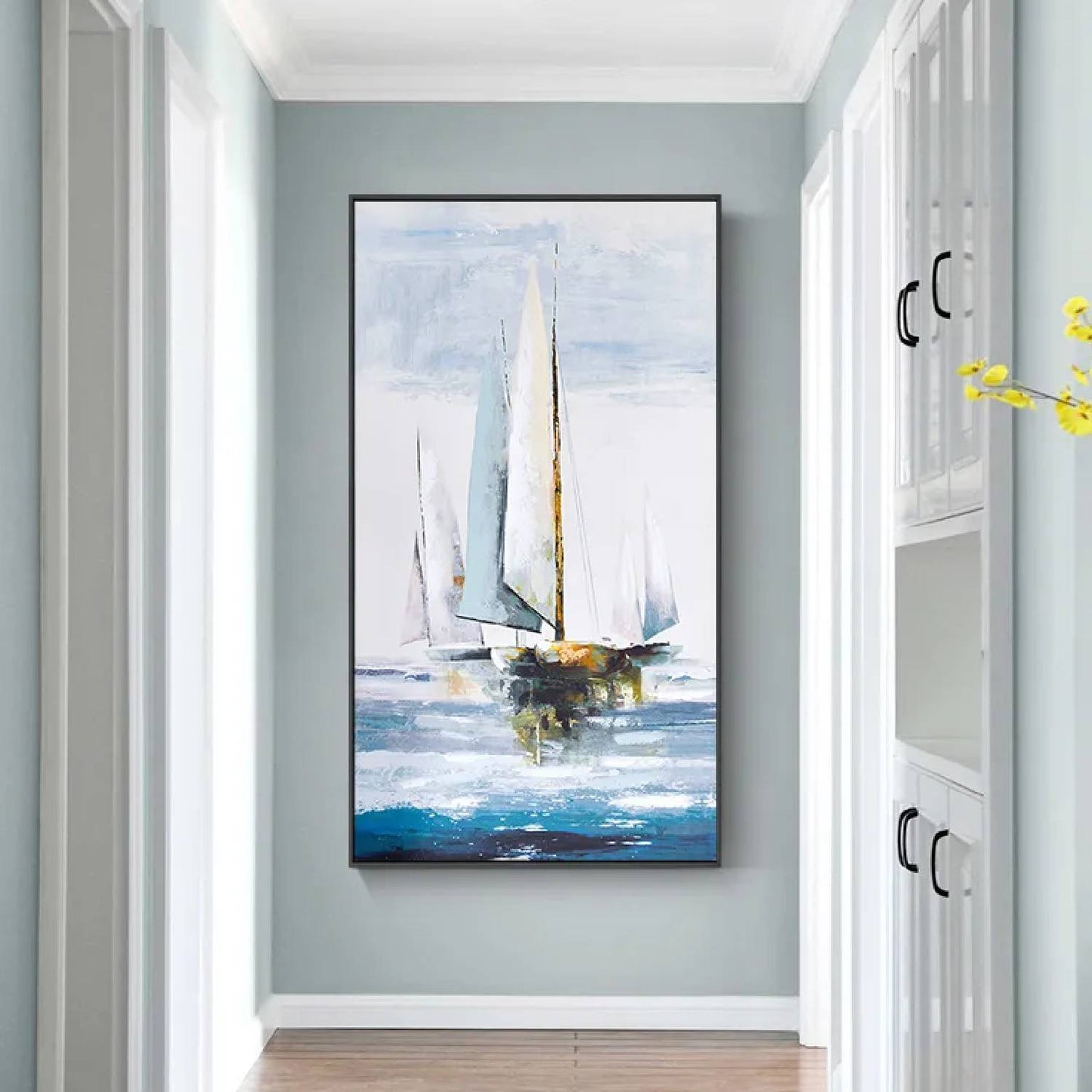 Abstract Ocean Coast Sailboat Soothing Colours Art