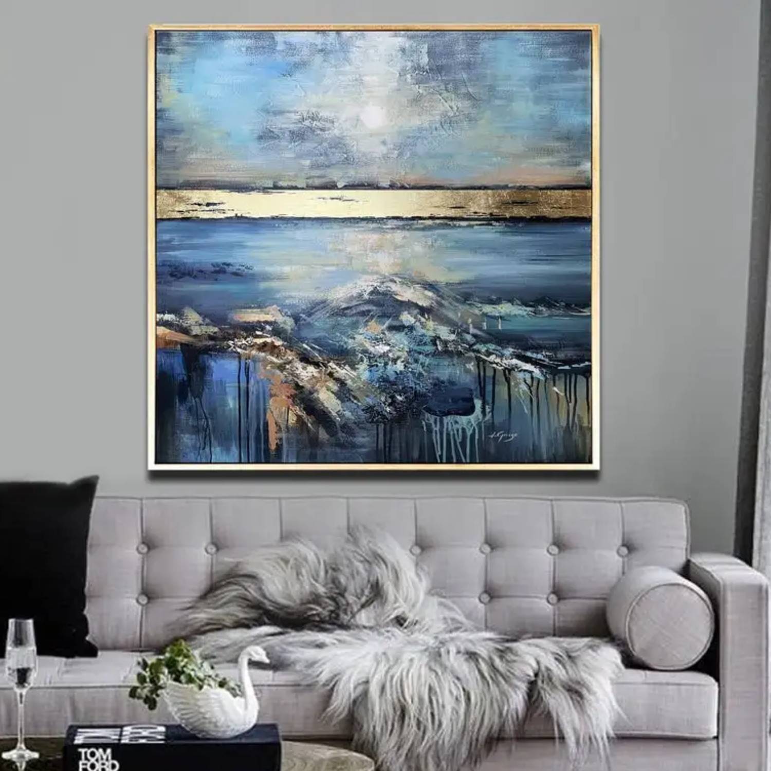 Acrylic Blue Skyline Seascape Texture Oil Painting