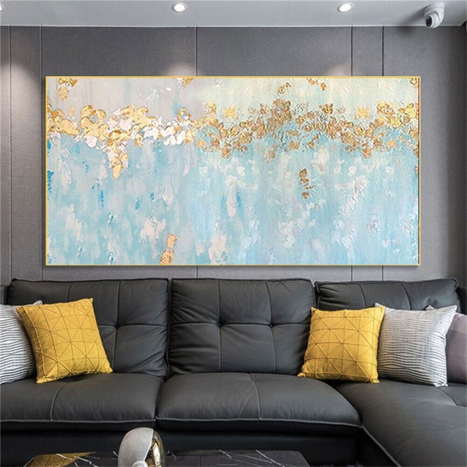 Contemporary Blue Gold Foil Seascape Abstract Art