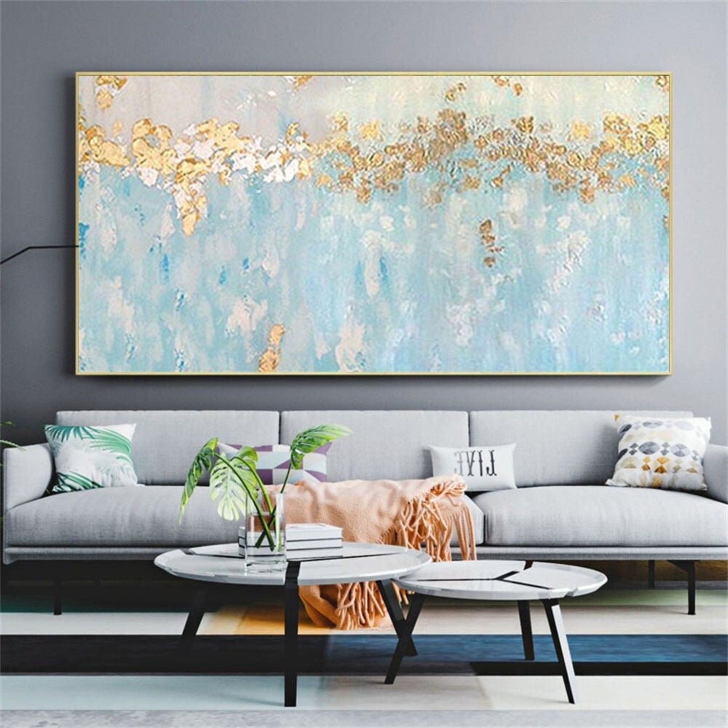 Contemporary Blue Gold Foil Seascape Abstract Art