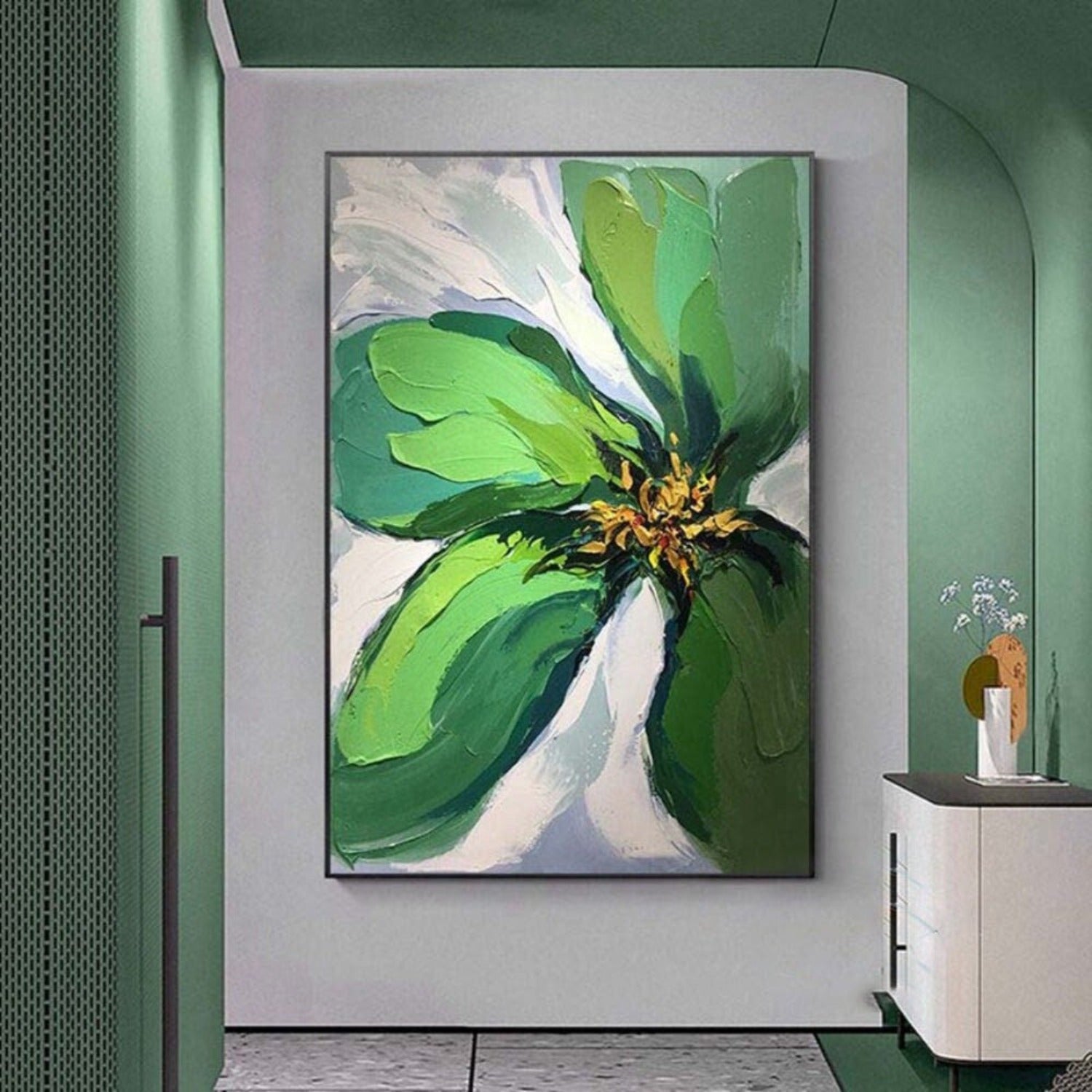 Heavy Textured Green 100% Hand Painted Floral Art