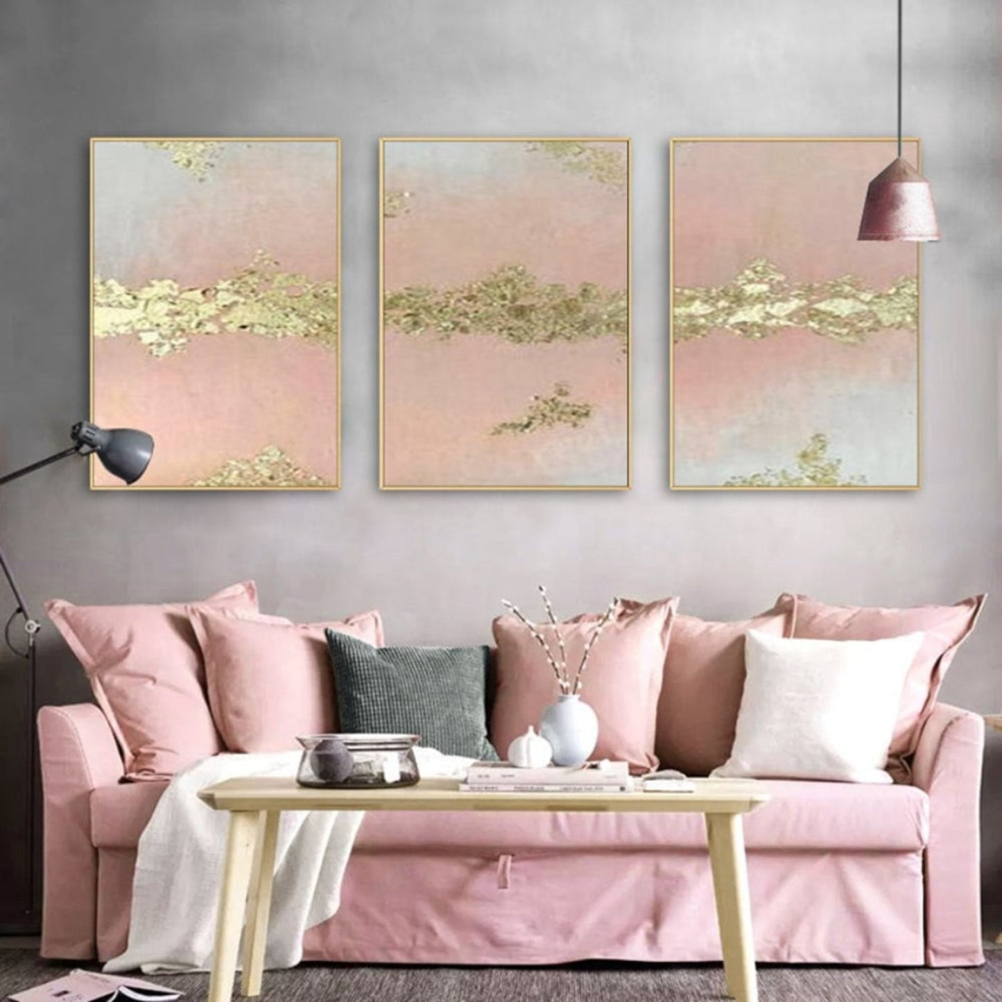 Pastel Peach Gold Foil Abstract Set of 3 Painting