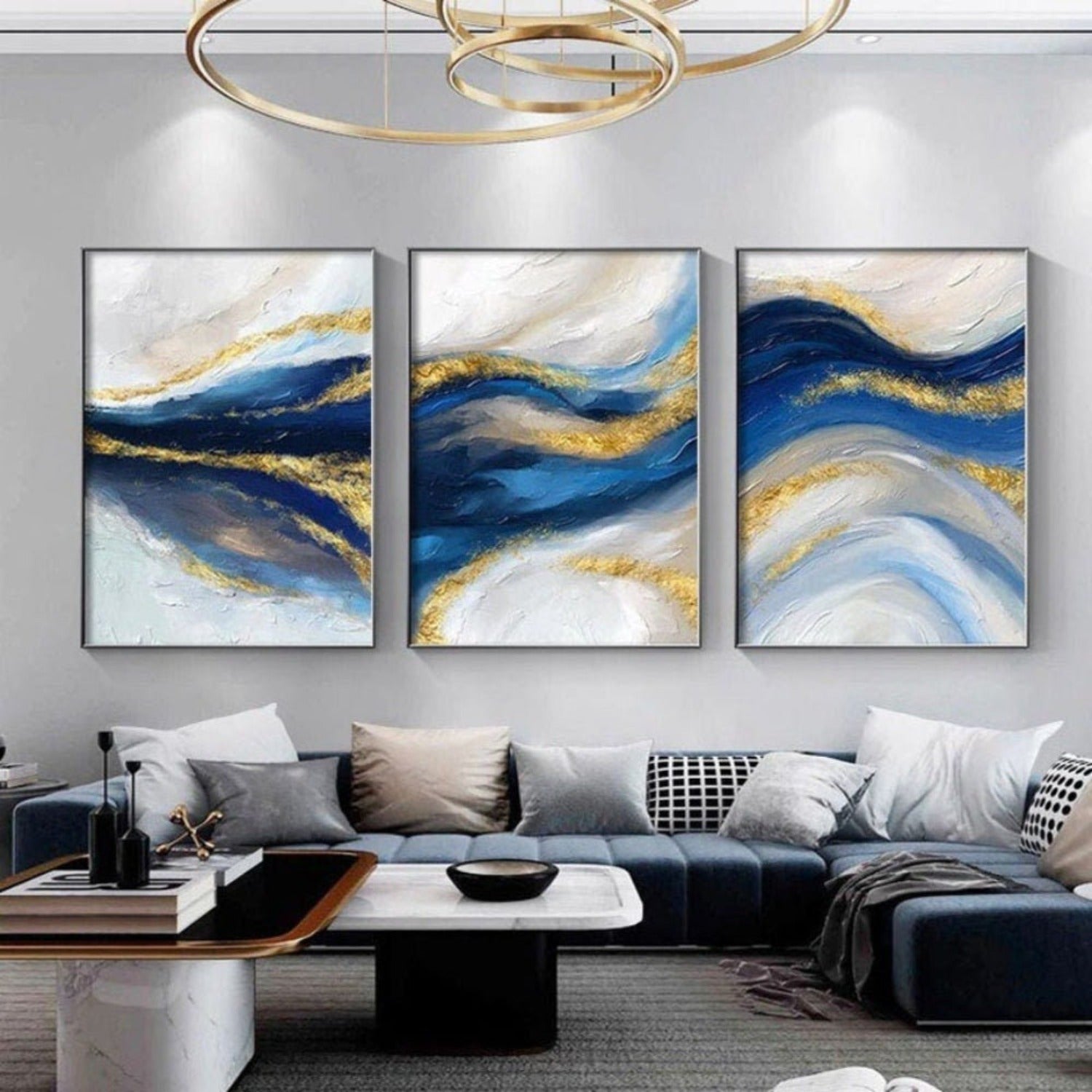 Gold Blue Marble 100% Hand Painted Set of 3 Canvas