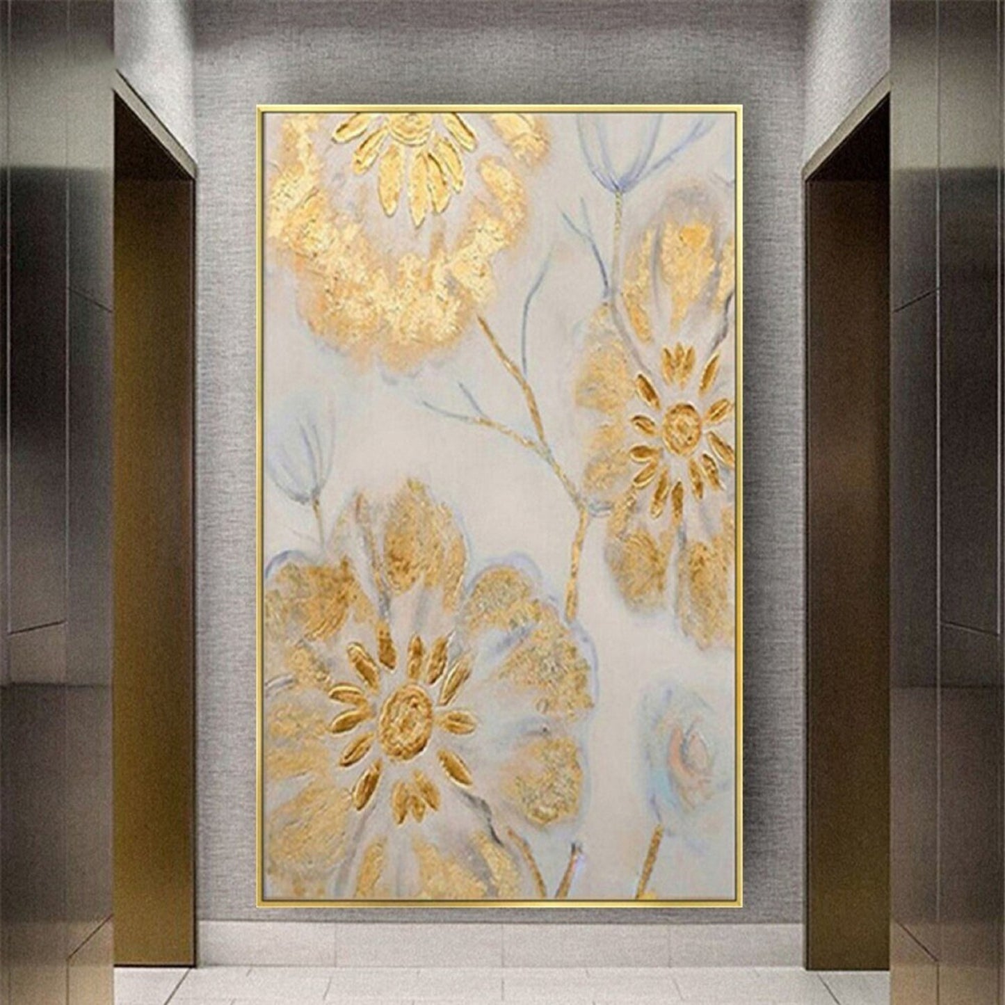 Elegant Gold Flowers 100% Hand Painted Wall Art