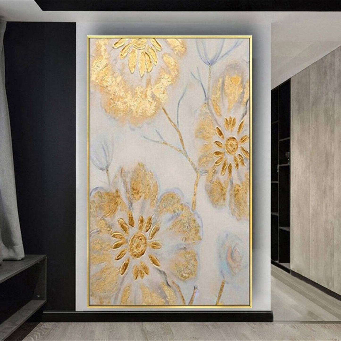 Elegant Gold Flowers 100% Hand Painted Wall Art